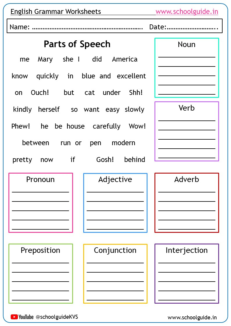 Parts Of Speech Worksheets for Printable Grammar Worksheets For Grade 5