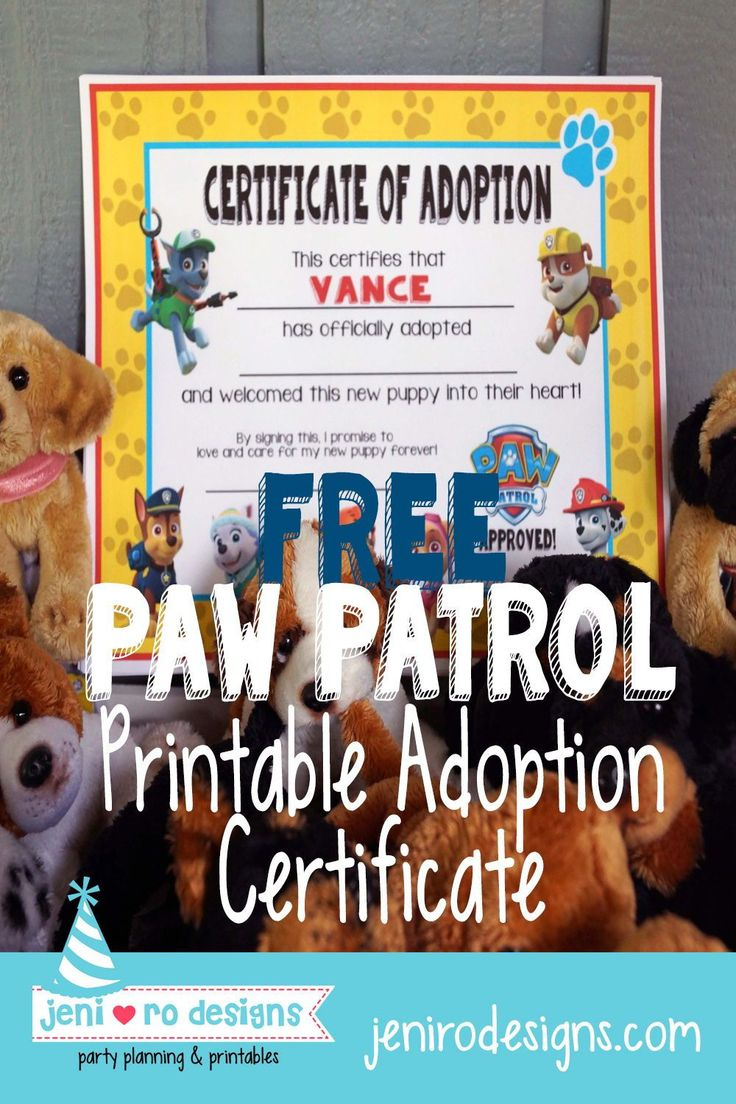 Paw Patrol Adoption Certificate, A Free Printable For Your Party regarding Paw Patrol Puppy Adoption Certificate Free Printable