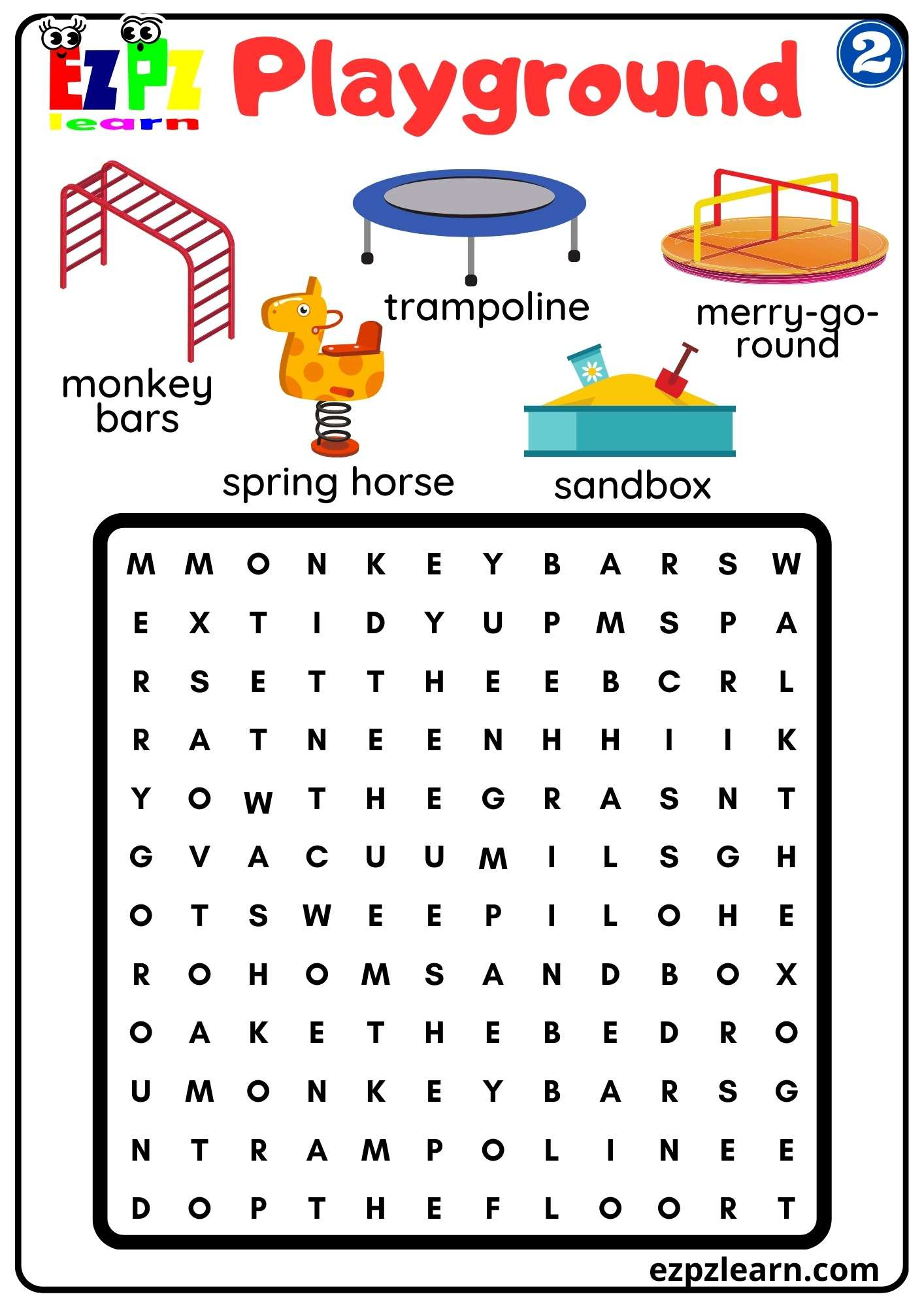 Playground Vocabulary 2 Word Search Worksheet For Kindergarten And pertaining to Vocabulary Printable Worksheets For Kids