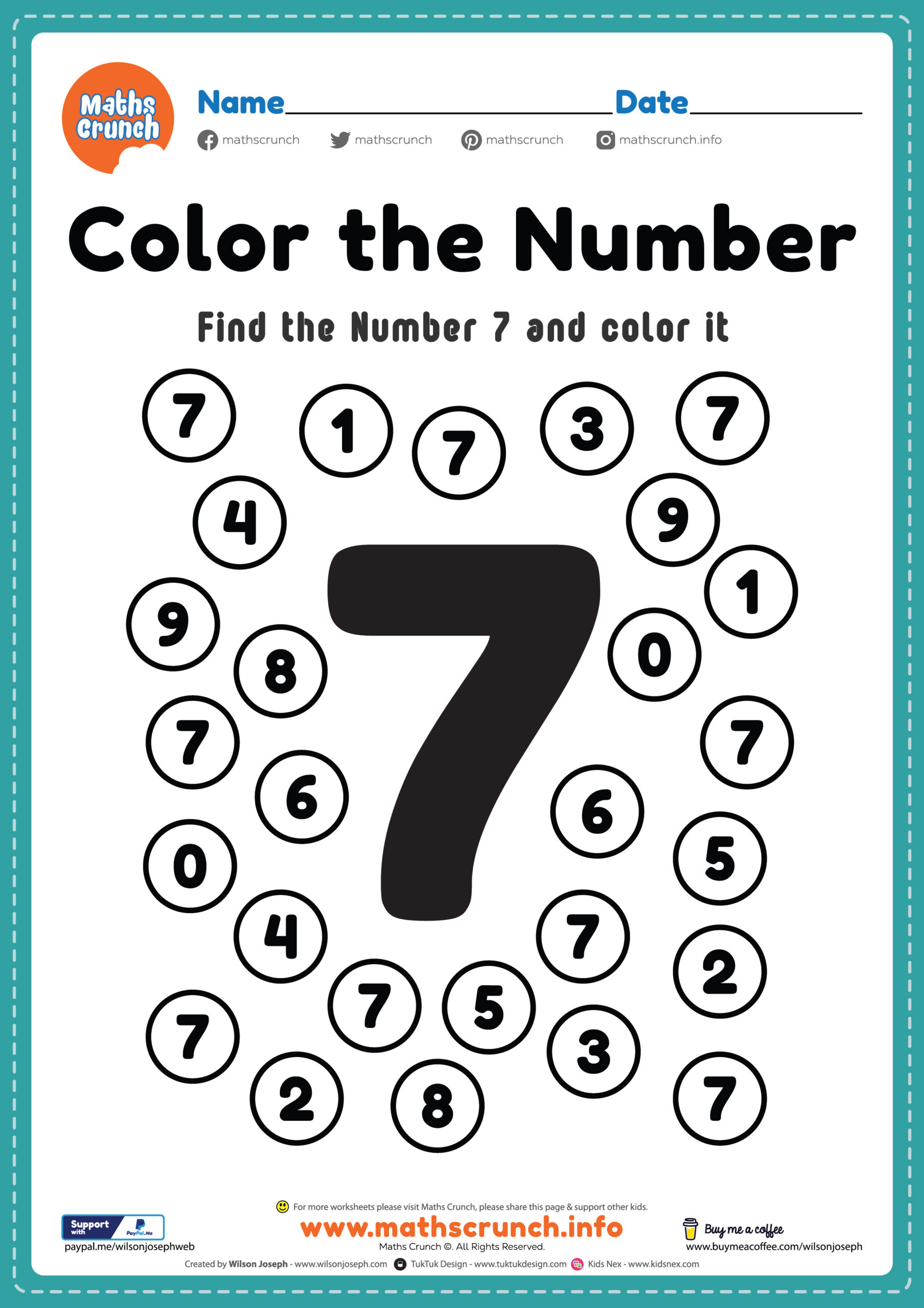 Pre K Math Worksheets, Number 7 Coloring, Free Printable Pdf throughout Number Seven Worksheet Printable