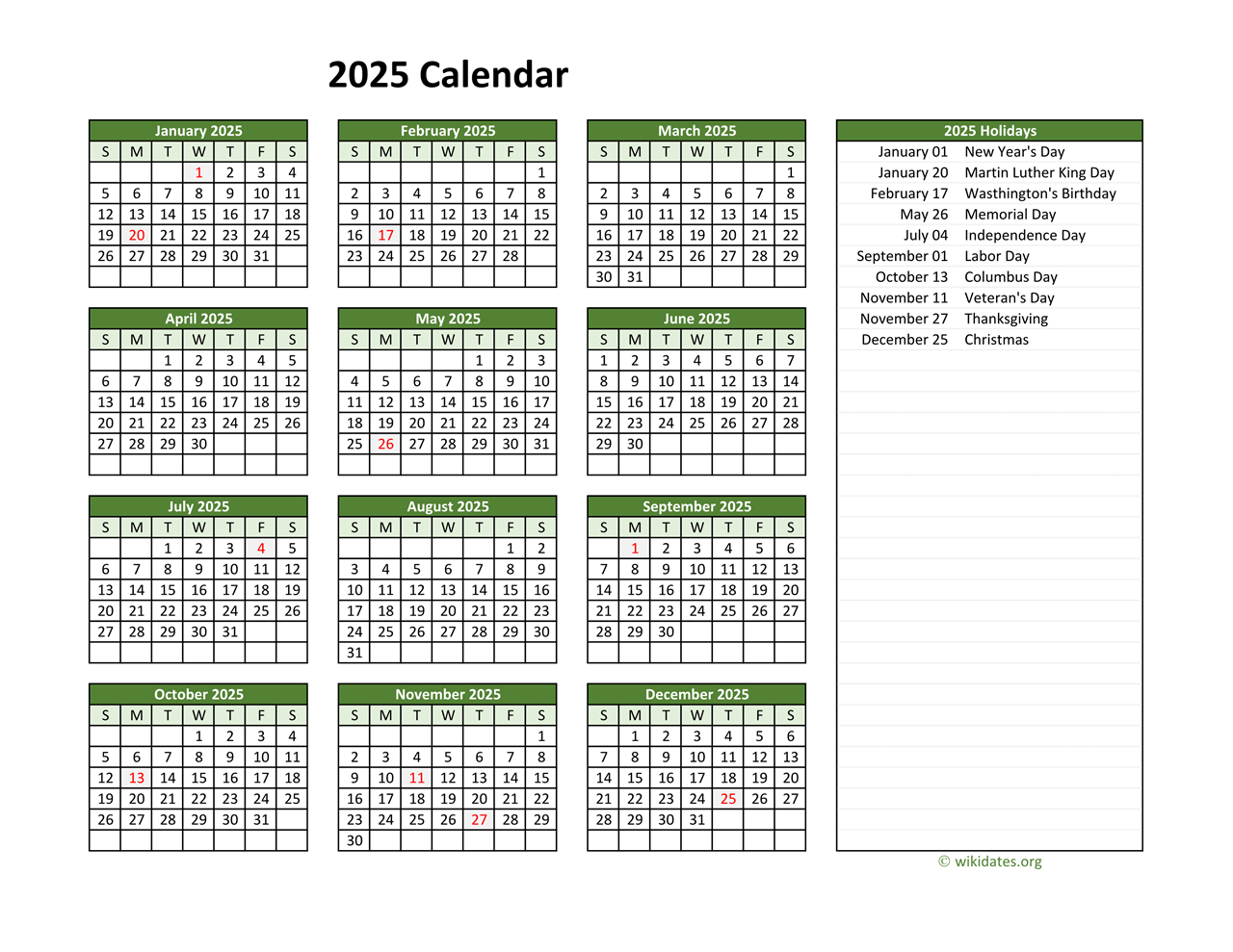 Printable 2025 Calendar With Federal Holidays | Wikidates pertaining to Free Printable 2025 Calendar With Federal Holidays