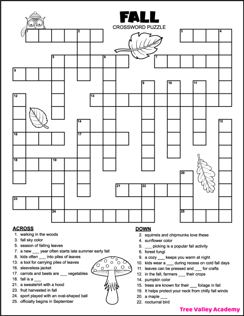 Printable 4Th Grade Fall Crossword Puzzle - Tree Valley Academy within Crossword With Word Bank Printable