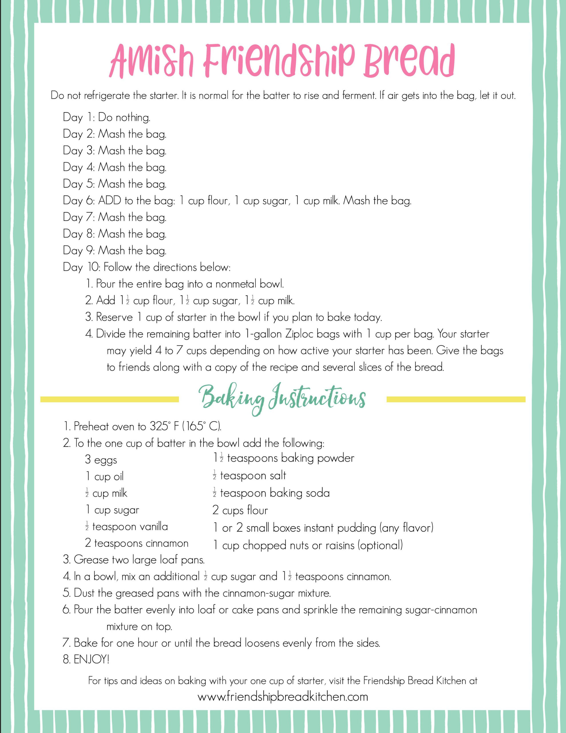 Printable Amish Friendship Bread Instructions in Amish Friendship Bread Instructions Printable