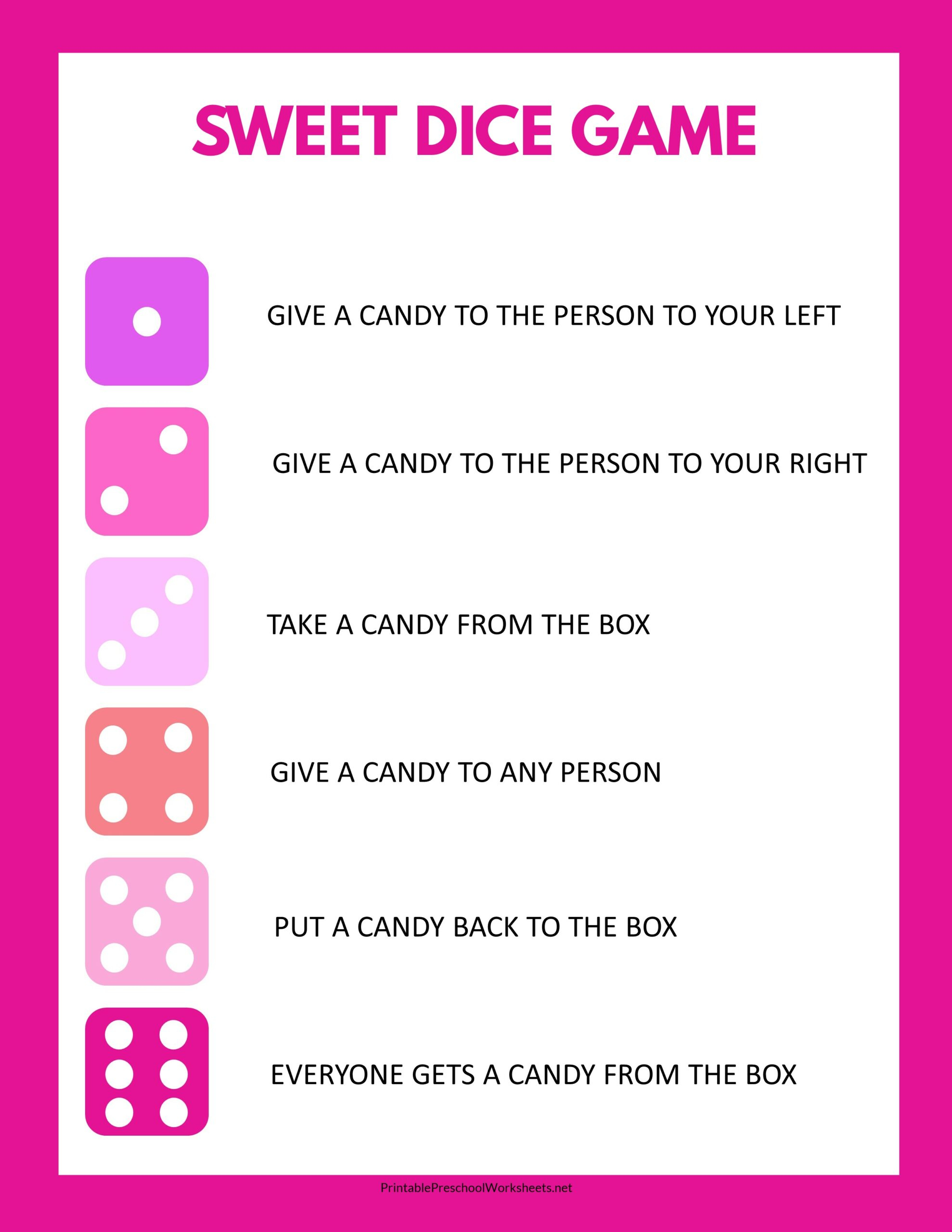 Printable Sweet Dice Game, Candy Dice Game, No Prep Class Party in Candy Dice Game Printable