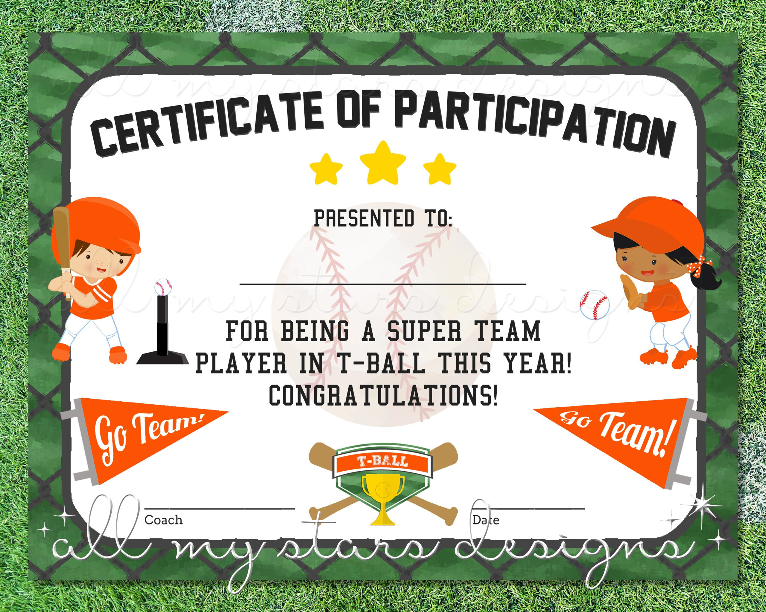 Printable T-Ball Participation Certificate | Sports Award with Tball Certificates Free Printable
