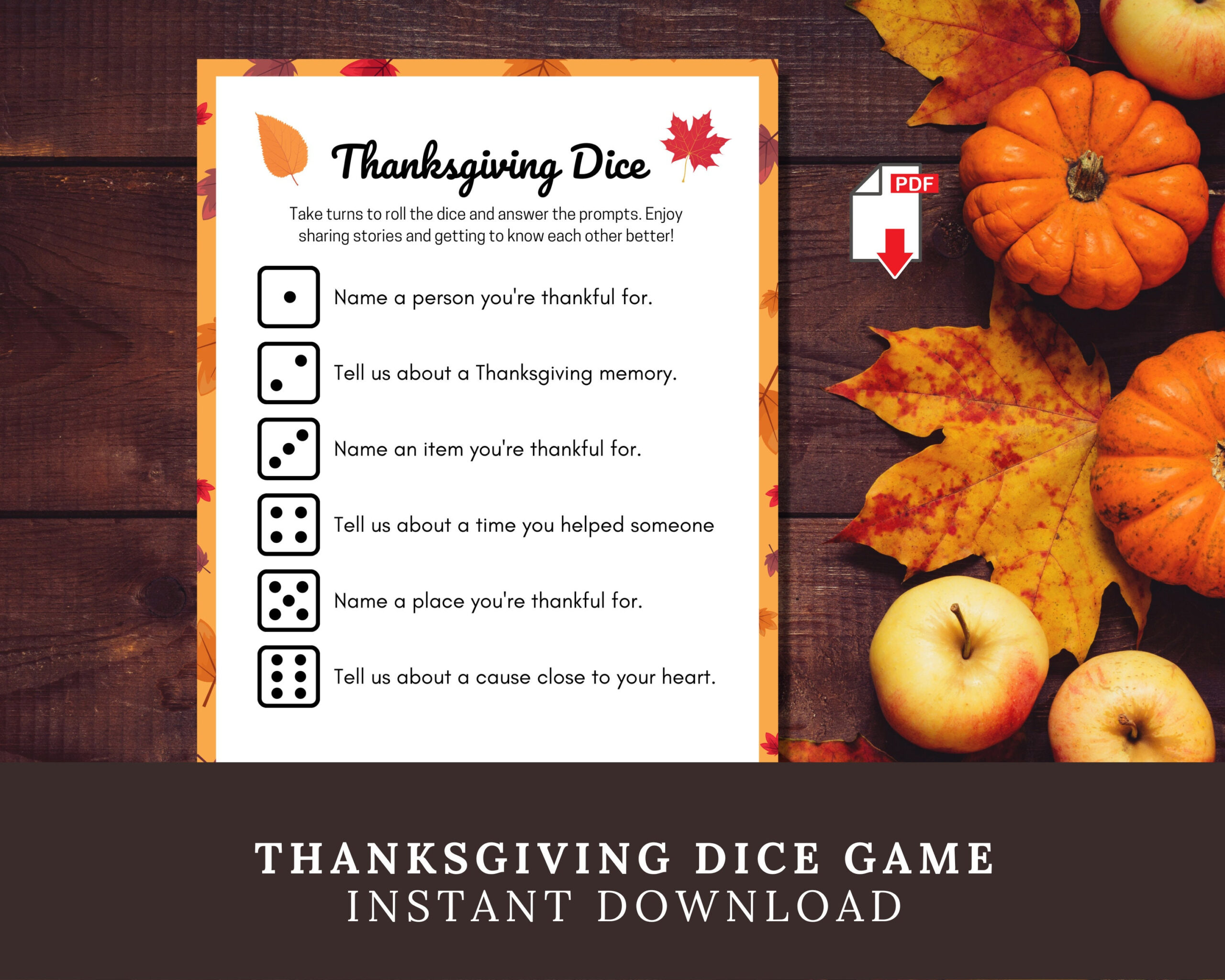 Printable Thanksgiving Gratitude Dice Game: Conversation Starter (Pdf) with Thanksgiving Dice Game Printable