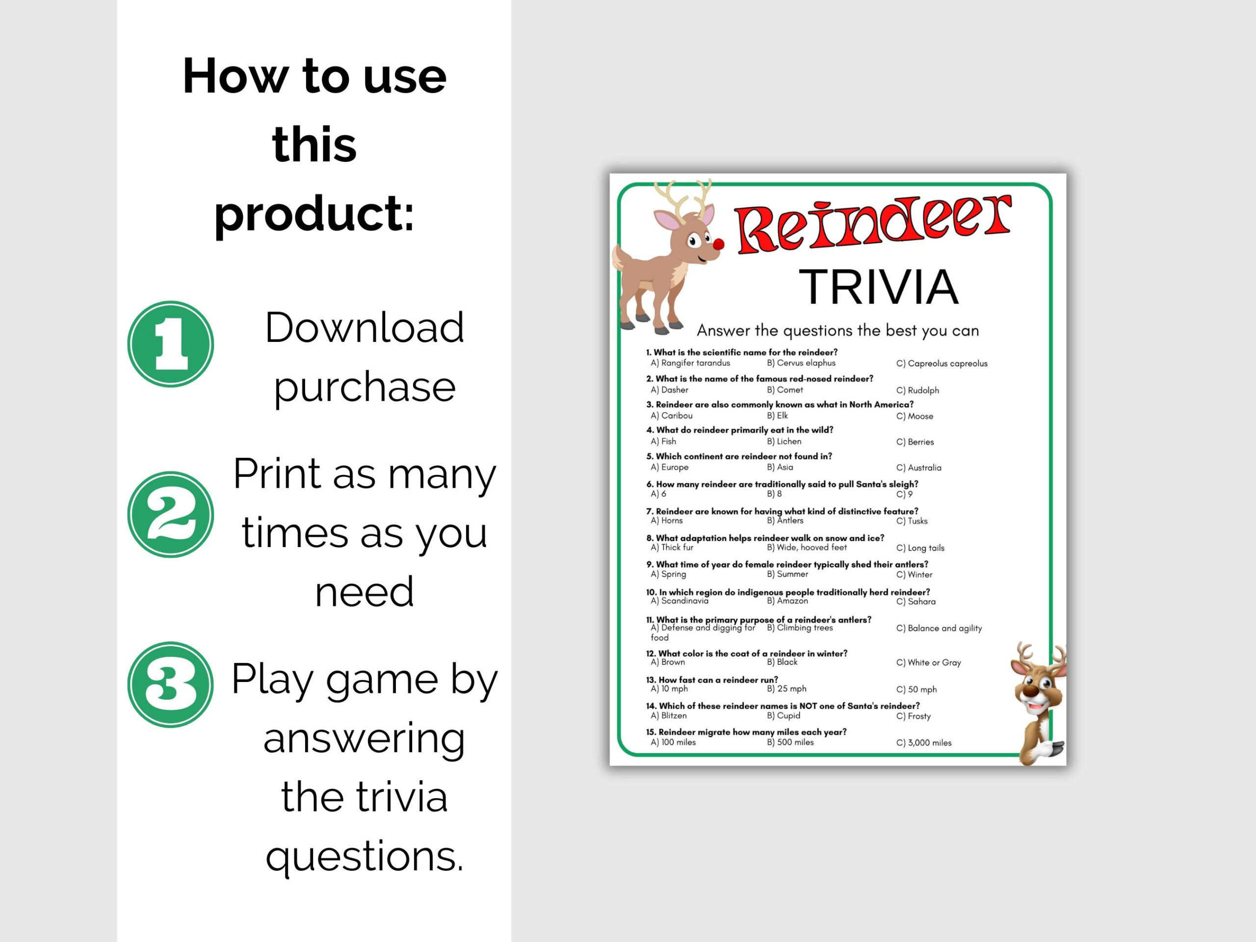 Reindeer Trivia Game, Printable Reindeer Quiz, Christmas Party with regard to Reindeer Trivia Questions and Answers Printable