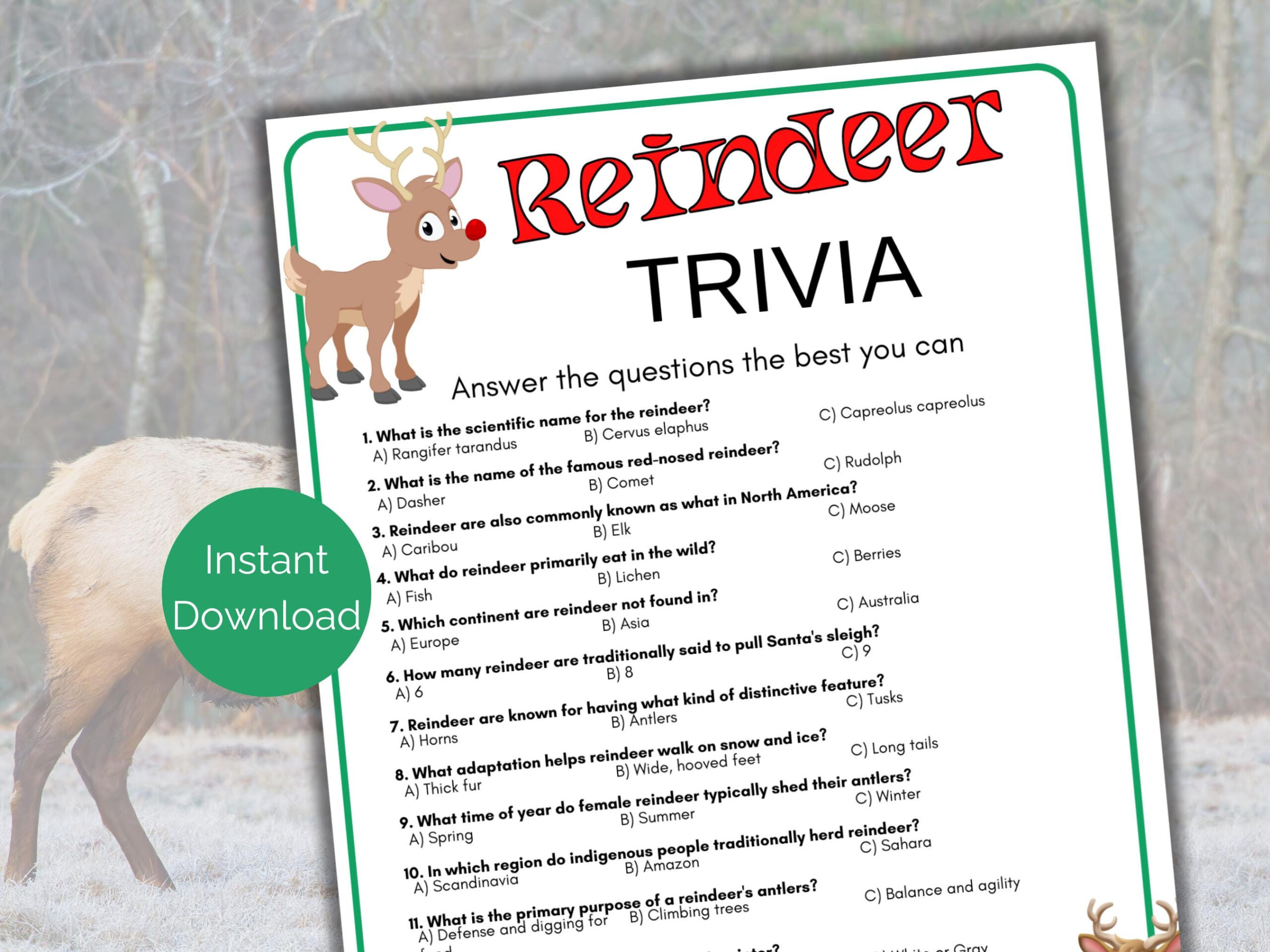 Reindeer Trivia Game, Printable Reindeer Quiz, Christmas Party within Reindeer Trivia Questions And Answers Printable