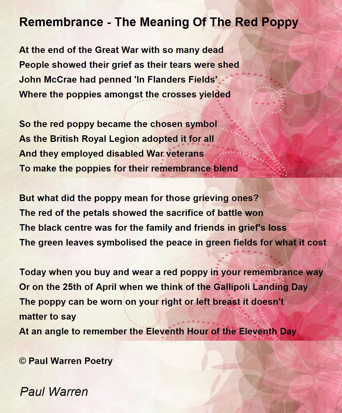 Remembrance - The Meaning Of The Red Poppy - Remembrance - The inside Red Poppy Veterans Day Poem