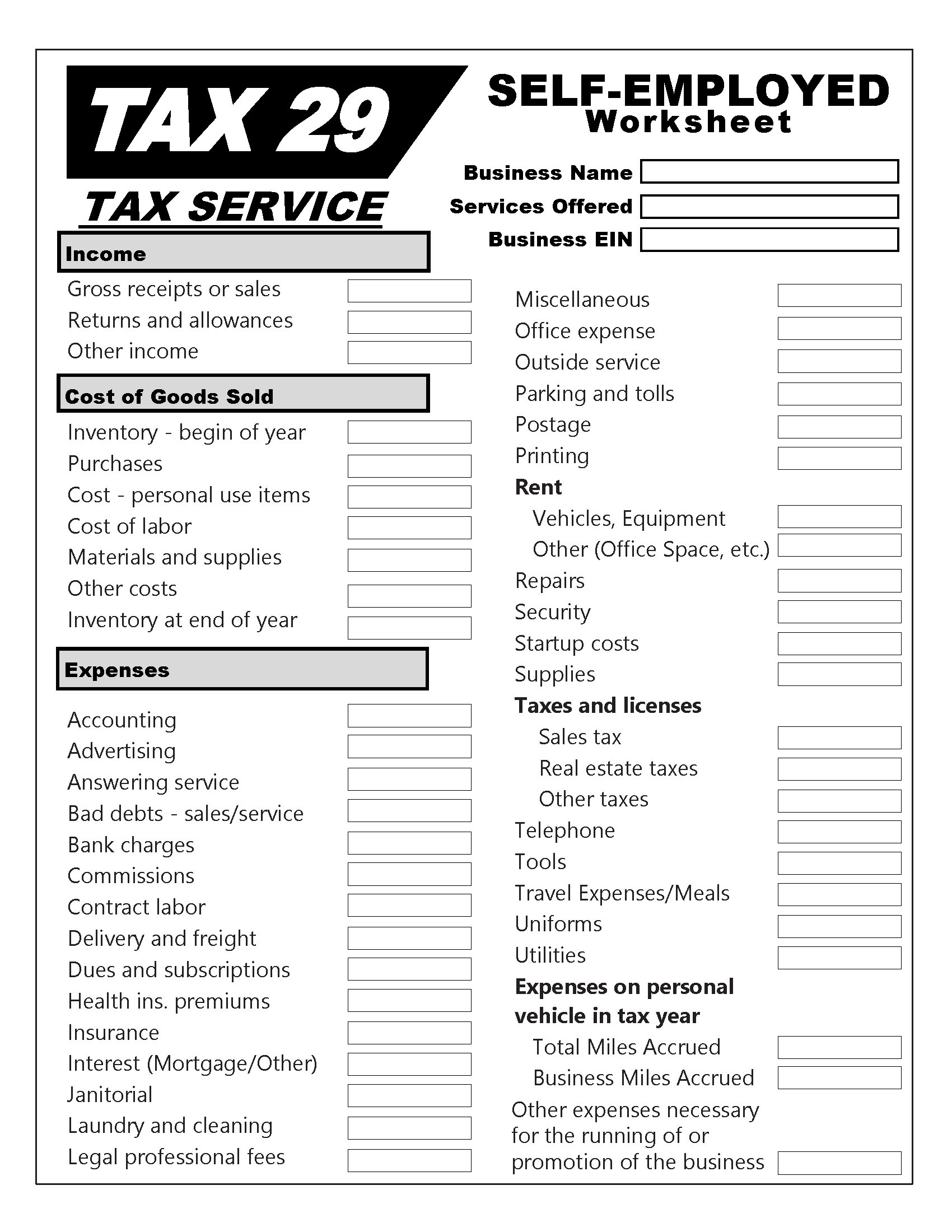 Resources - Tax 29 - Worksheets Library pertaining to Printable Self Employed Tax Deductions Worksheet