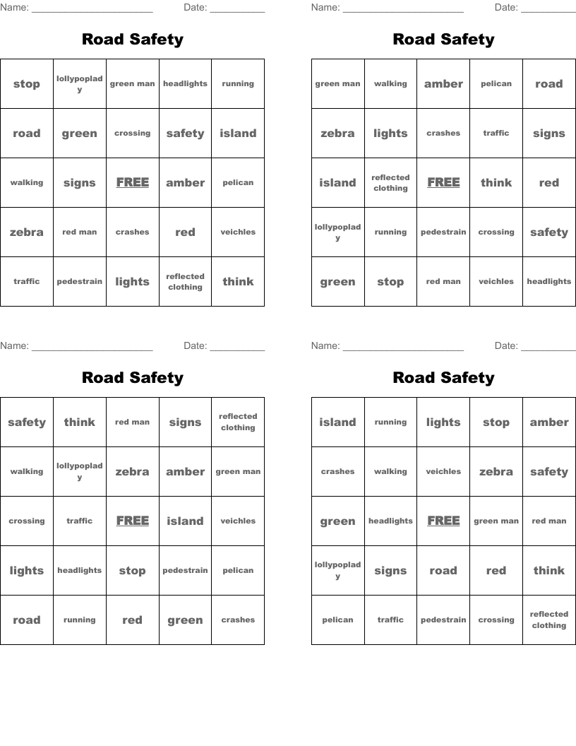 Road Safety Bingo Cards - Wordmint throughout Free Printable Safety Bingo Cards