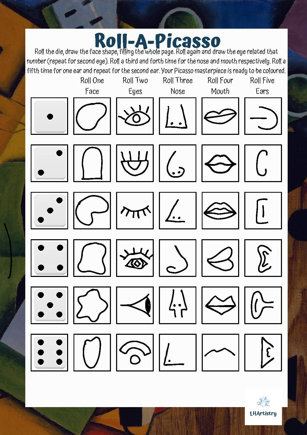Roll-A-Picasso Art Activity Worksheet regarding Roll A Picasso Free Printable