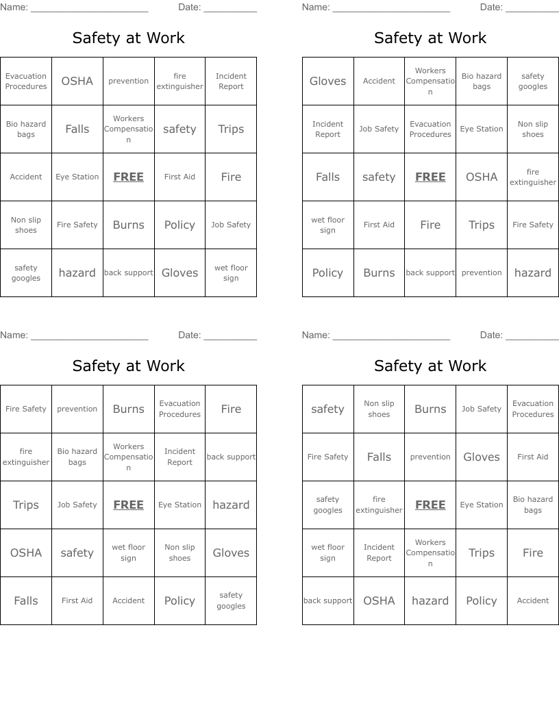 Safety At Work Bingo Cards - Wordmint pertaining to Free Printable Safety Bingo Cards