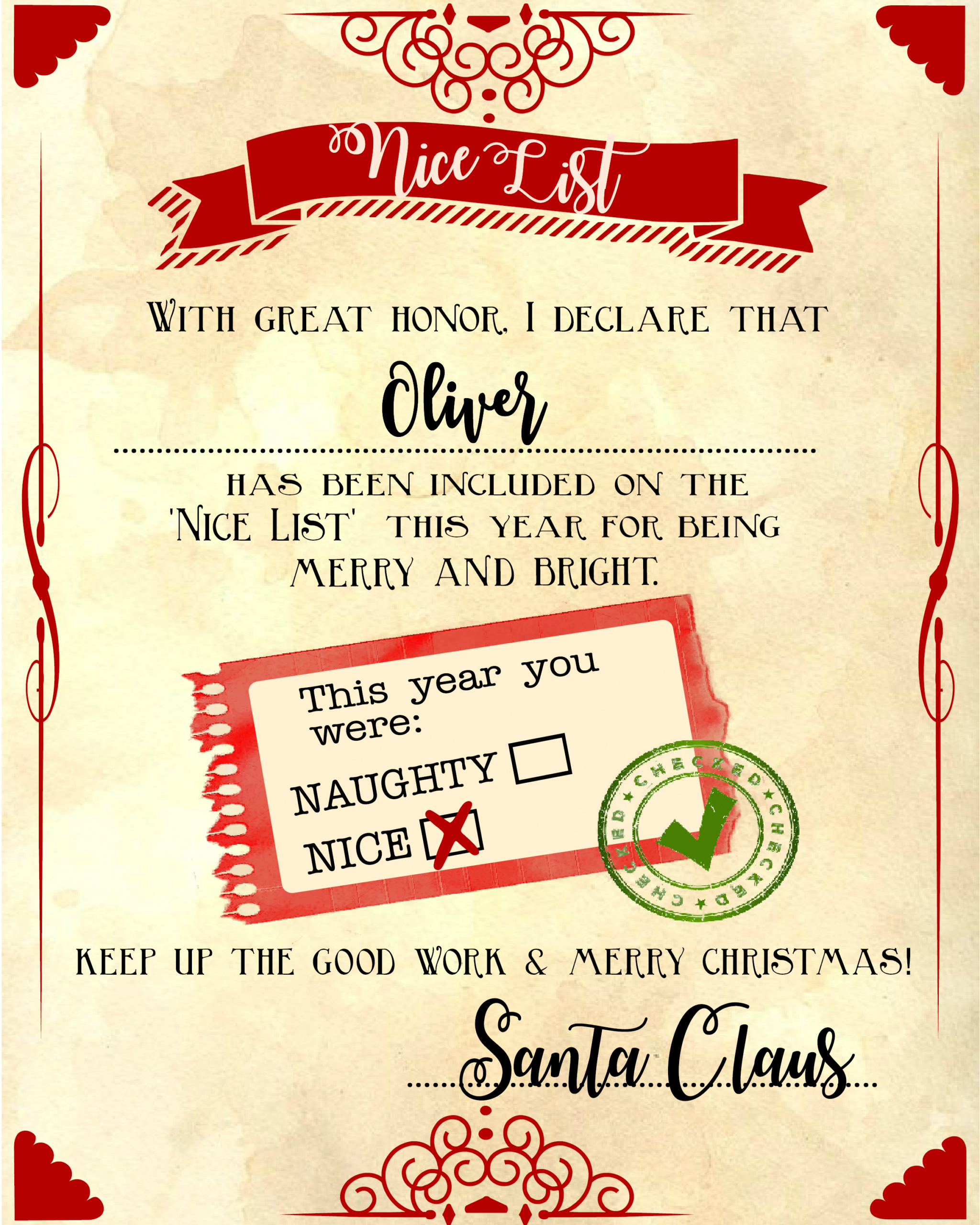 Santa "Nice List" Free Printable Certificate regarding Printable Nice List Certificate Free