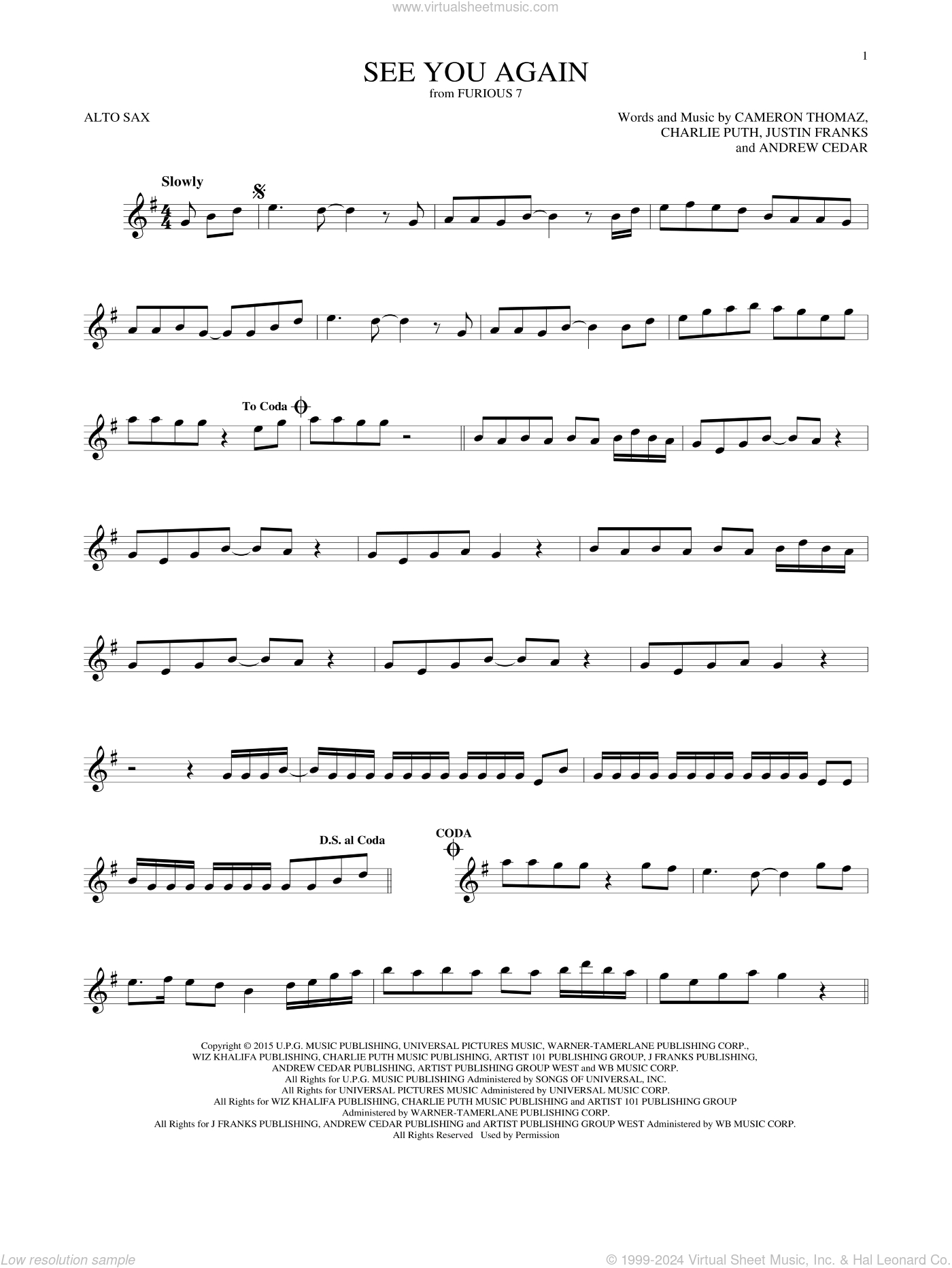 See You Again (Feat. Charlie Puth) Sheet Music For Alto Saxophone Solo within Printable Sheet Music For Alto Saxophone Free