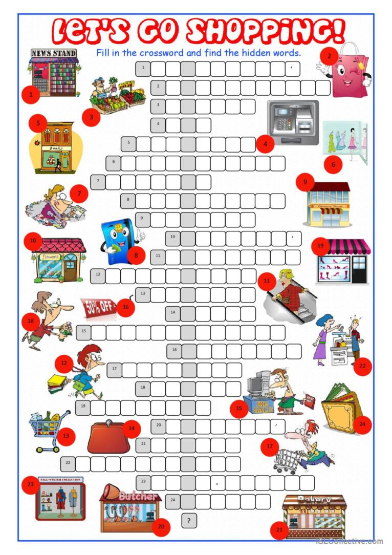 Shopping Crossword Puzzle Crossword: English Esl Worksheets Pdf & Doc throughout Printable Esl Crossword Puzzles