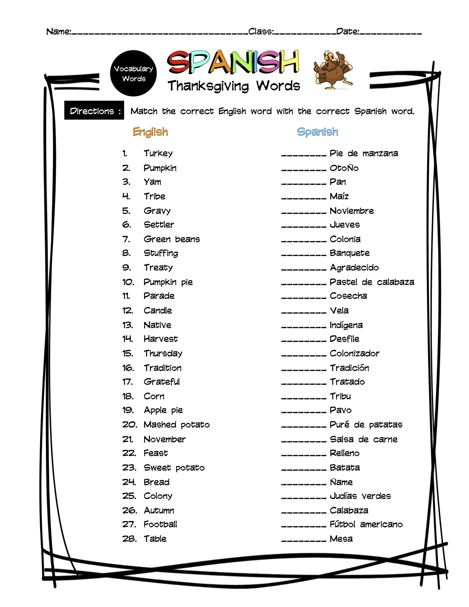 Spanish Thanksgiving Vocabulary Matching Worksheet &amp;amp; Answer Key regarding Spanish Thanksgiving Worksheets