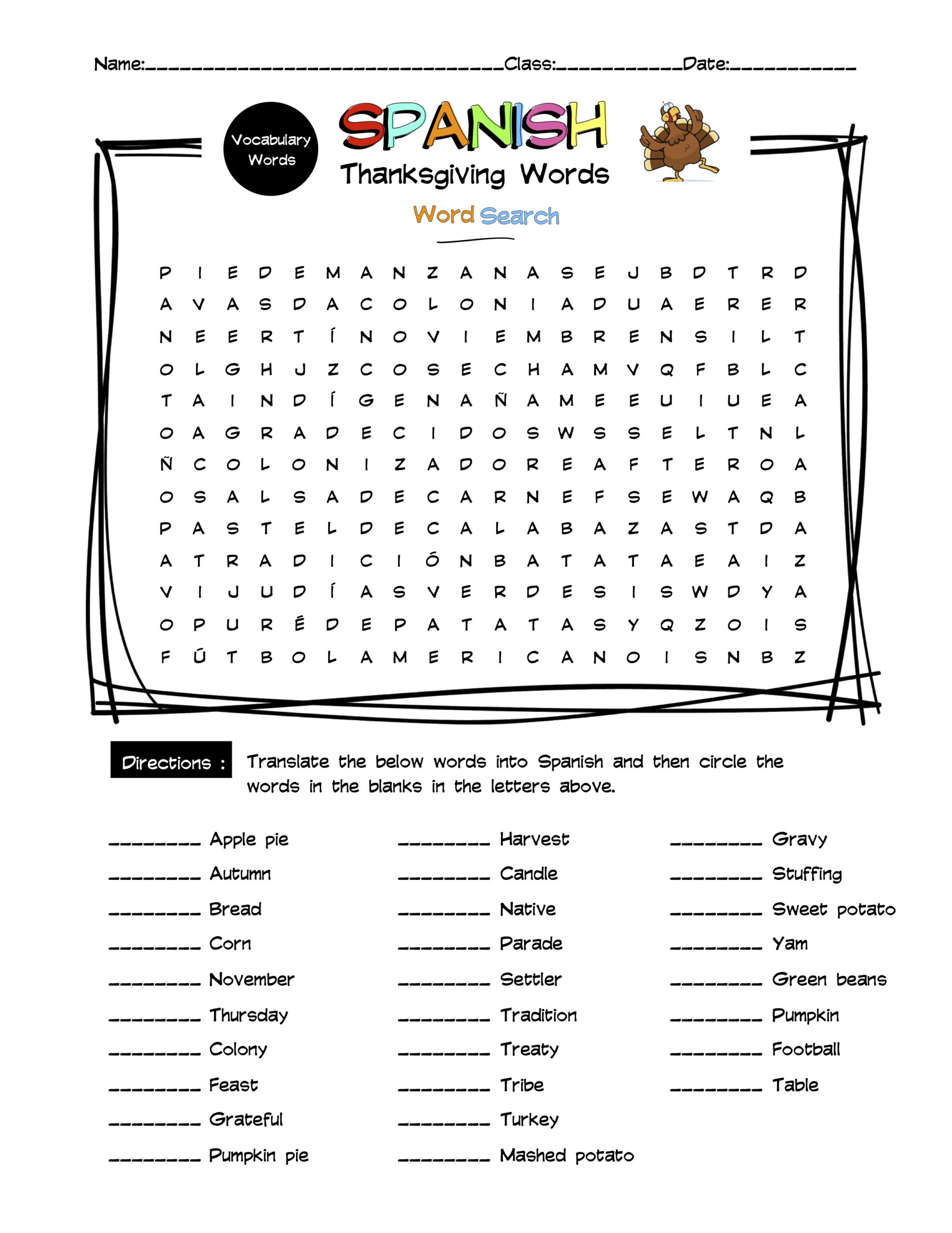 Spanish Thanksgiving Vocabulary Word Search &amp;amp; Answer Key | Made intended for Spanish Thanksgiving Worksheets