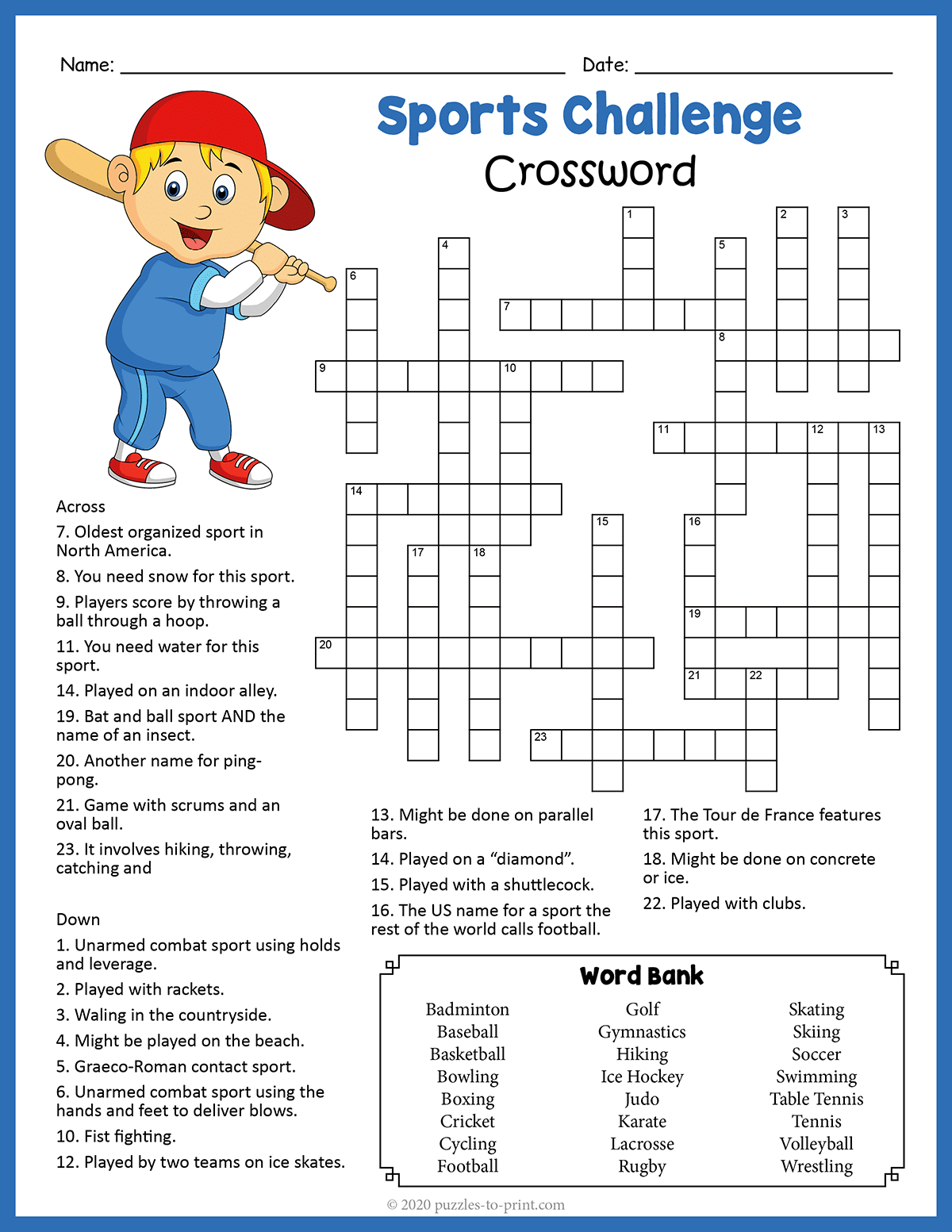 Sports Crossword for Sports Crosswords Printable