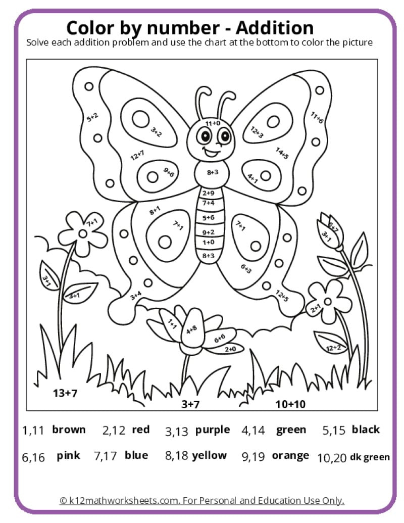 Spring Colornumber Pages - K12 Math Worksheets for Color By Code Worksheet Printable