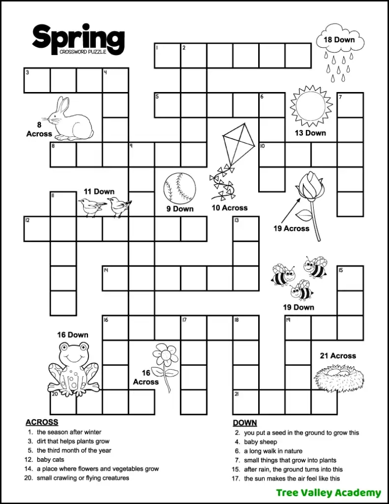 Spring Crossword Puzzles For Kids - Tree Valley Academy for Crossword Puzzles For 3rd Graders Printable