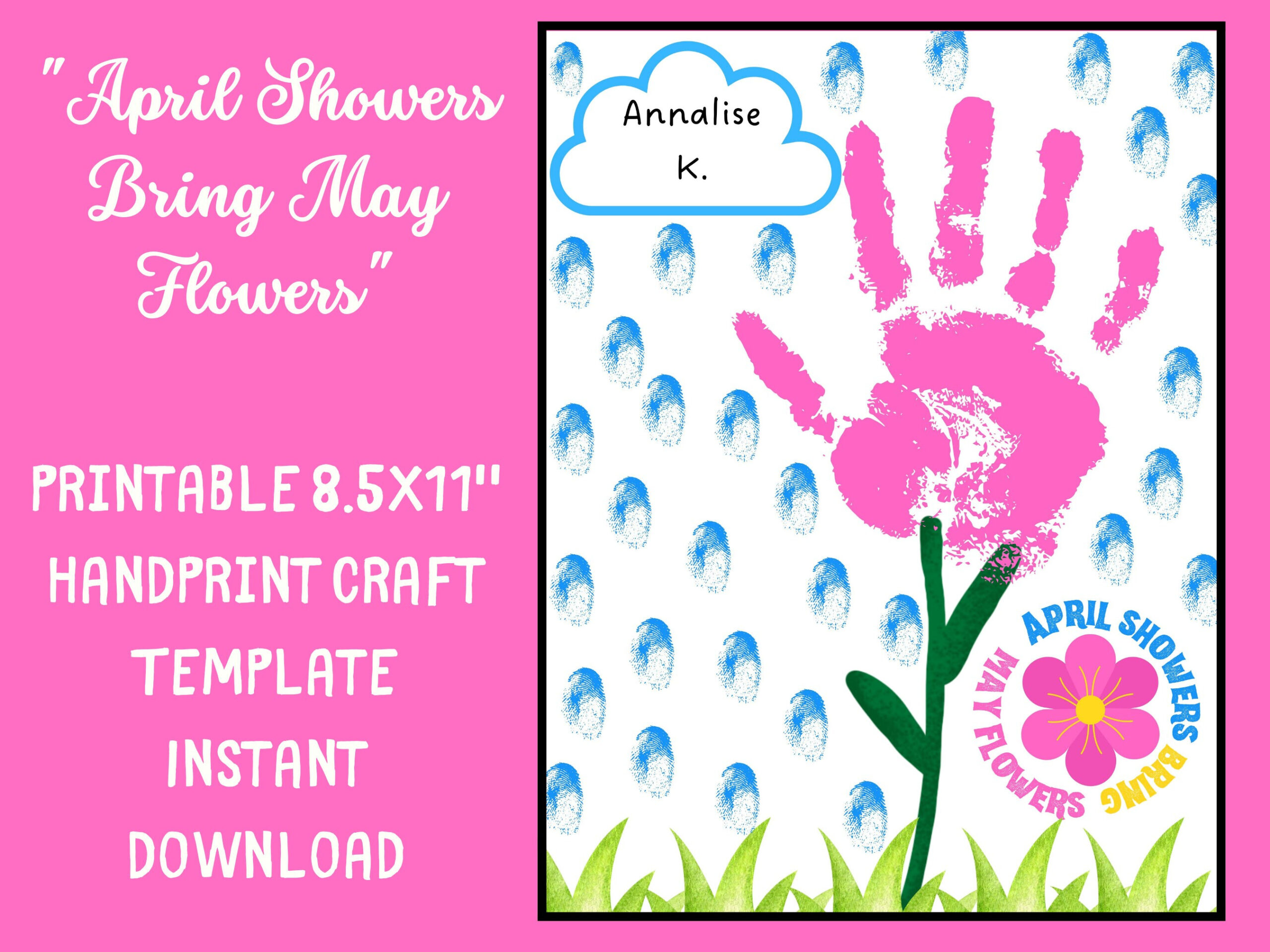 Spring Fingerprint + Handprint Craft Printable-April Showers May in April Showers Bring May Flowers Printables