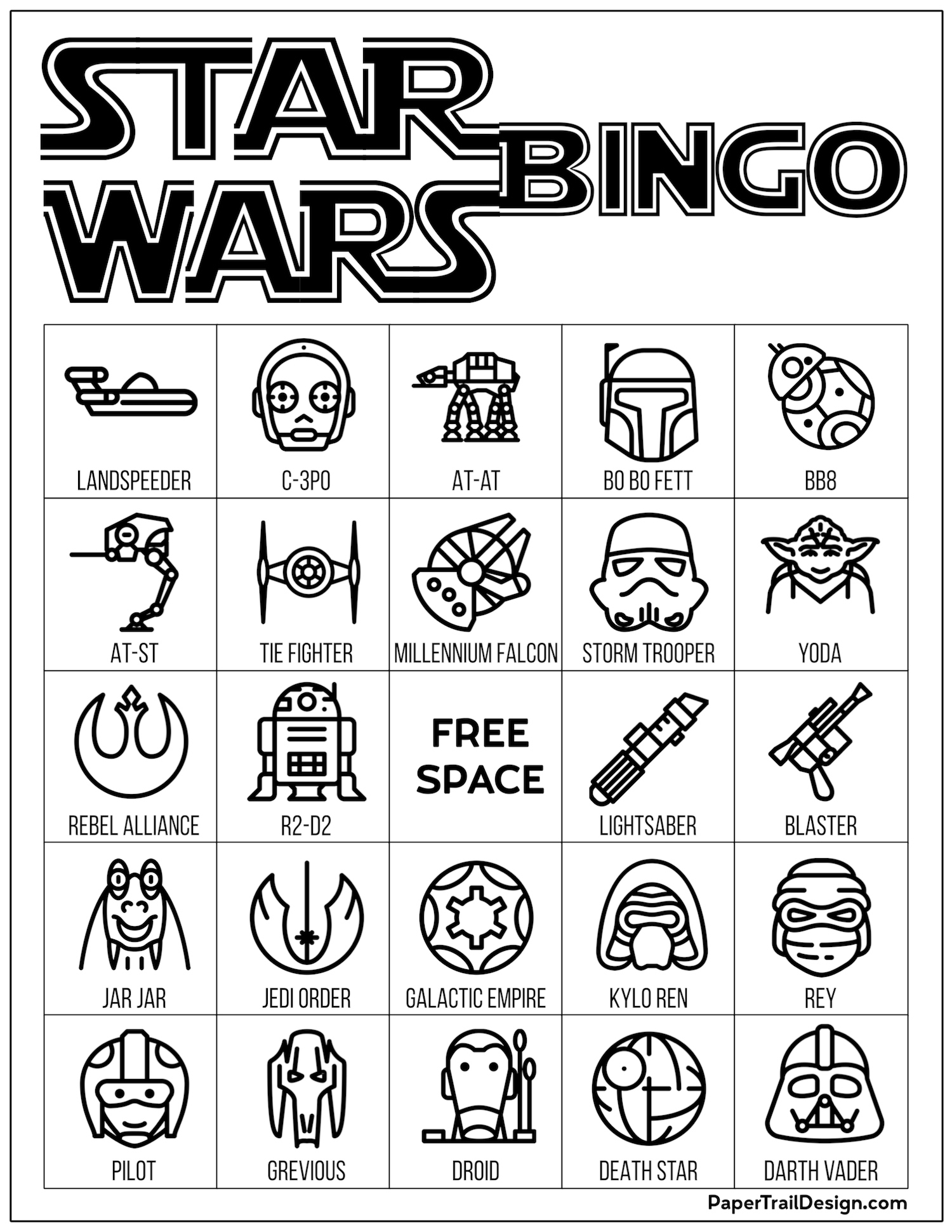 Star Wars Bingo {Free Printable Party Game} - Paper Trail Design pertaining to Star Wars Bingo Cards