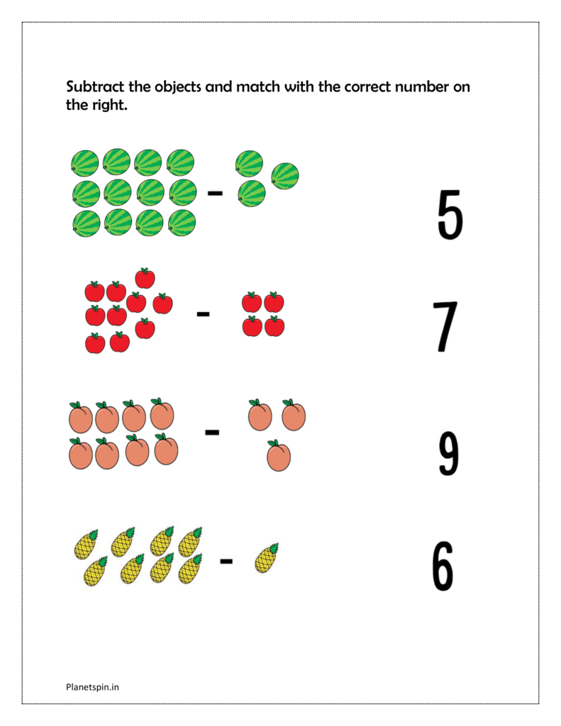 Subtract And Match Worksheet For Kindergarten | Planetspin.in with Subtract and Match Worksheet Printable