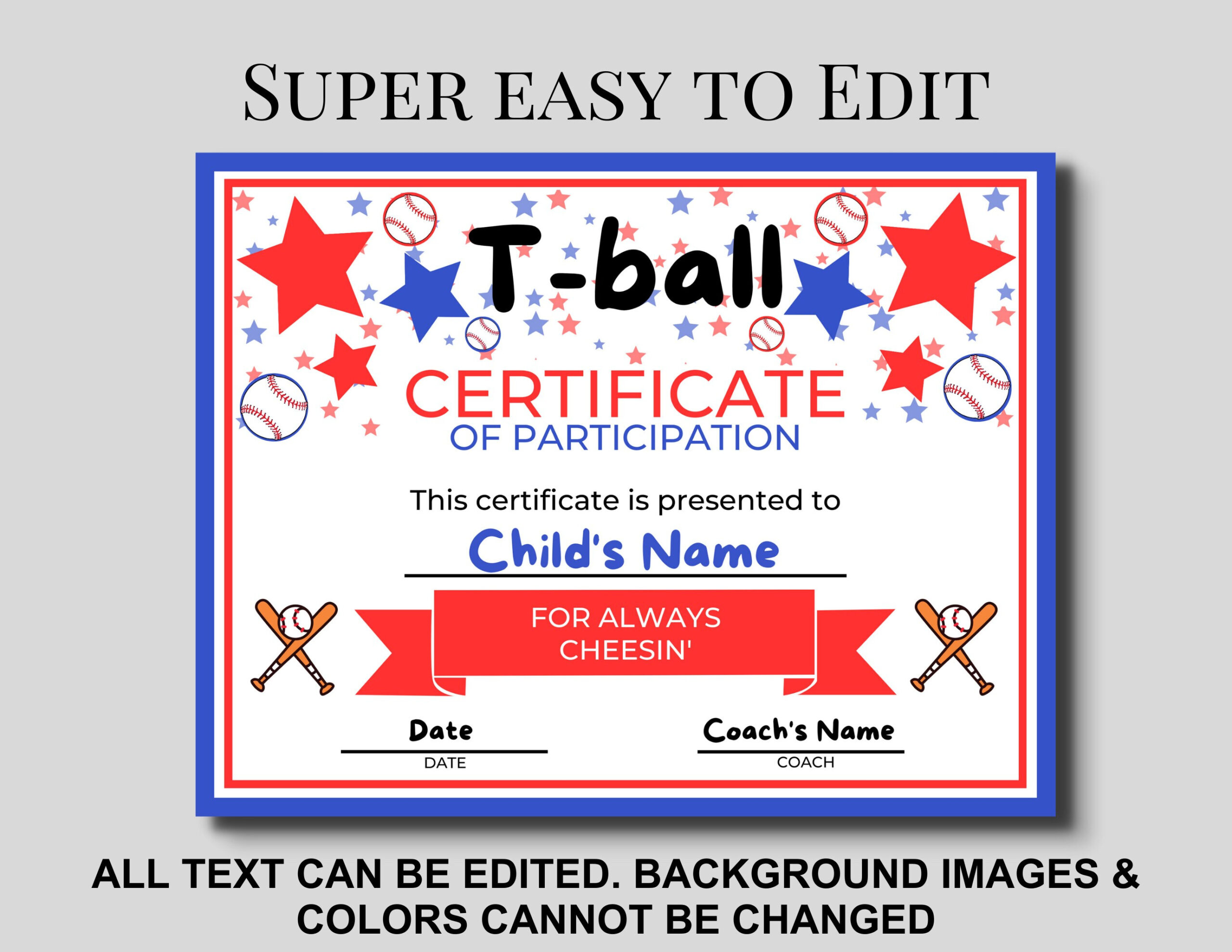 T-Ball Editable Award Certificates Cute Red &amp;amp; Blue | Personalize with regard to Tball Certificates Free Printable