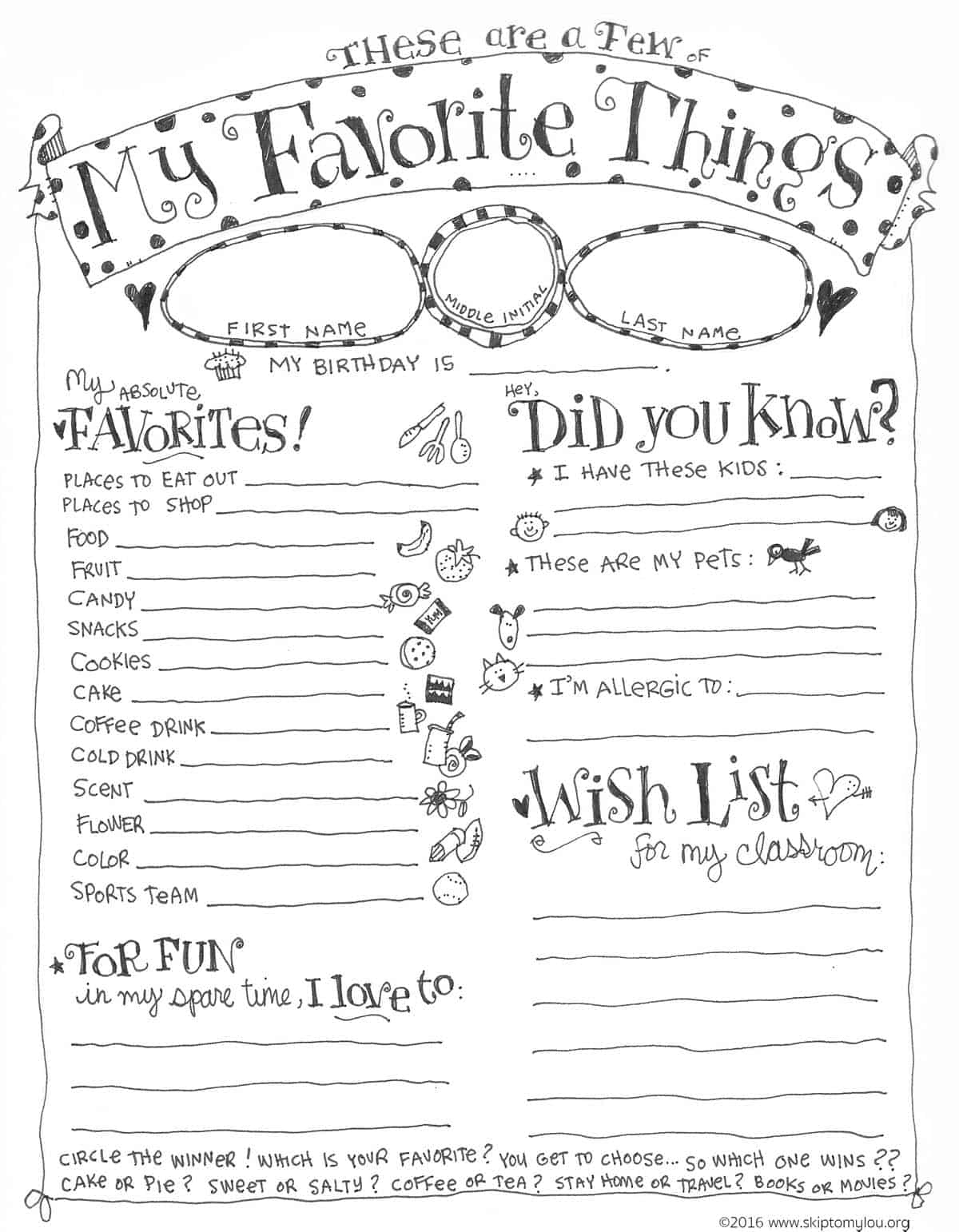 Teacher Favorite Things Questionnaire Printable | Skip To My Lou in Free Printable Teacher Questionnaire
