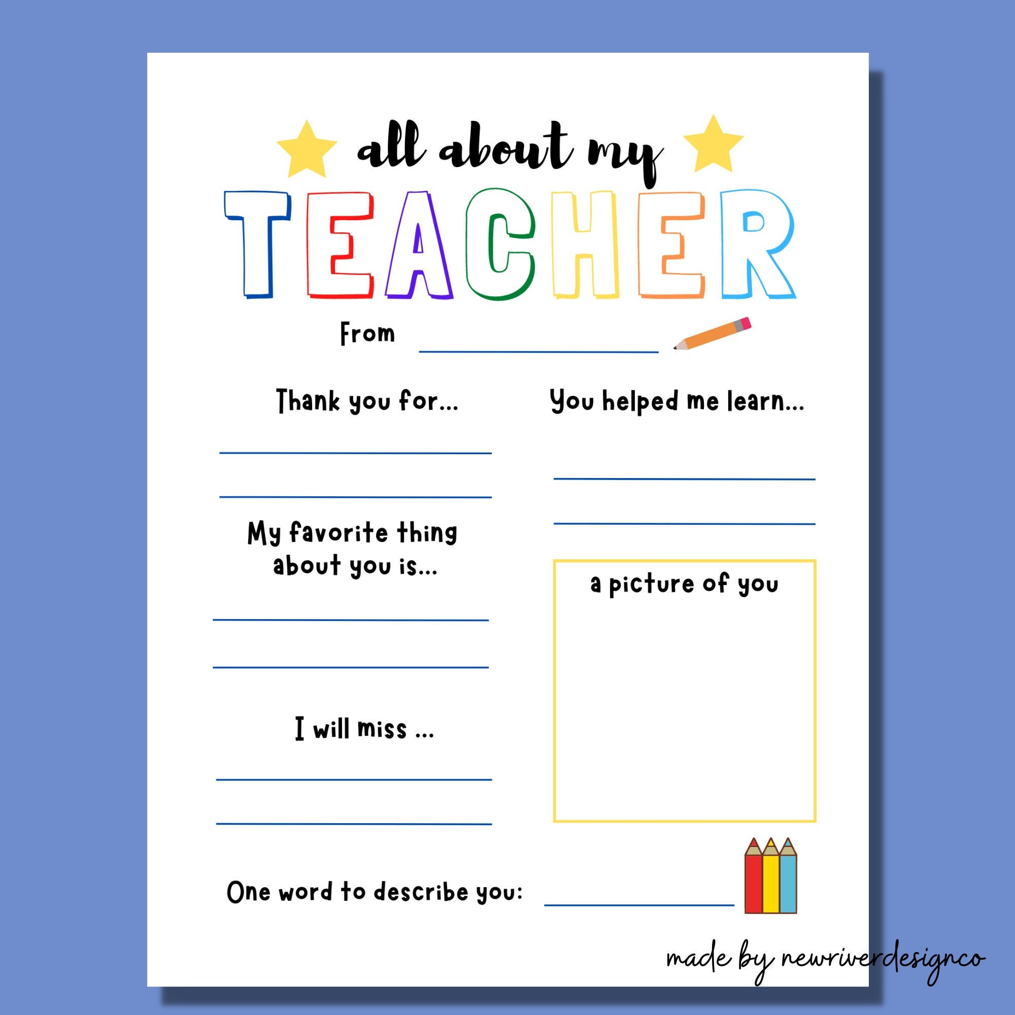 Teacher Thank You Printable: All About My Teacher Questionnaire regarding All About My Teacher Printable