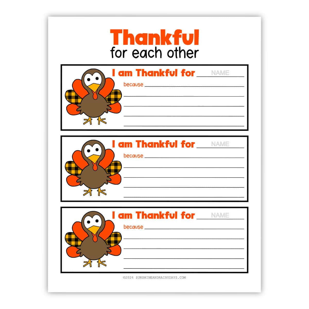 Thankful For Each Other Printable - Sunshine And Rainy Days intended for I am Thankful For Write Name Here Printable
