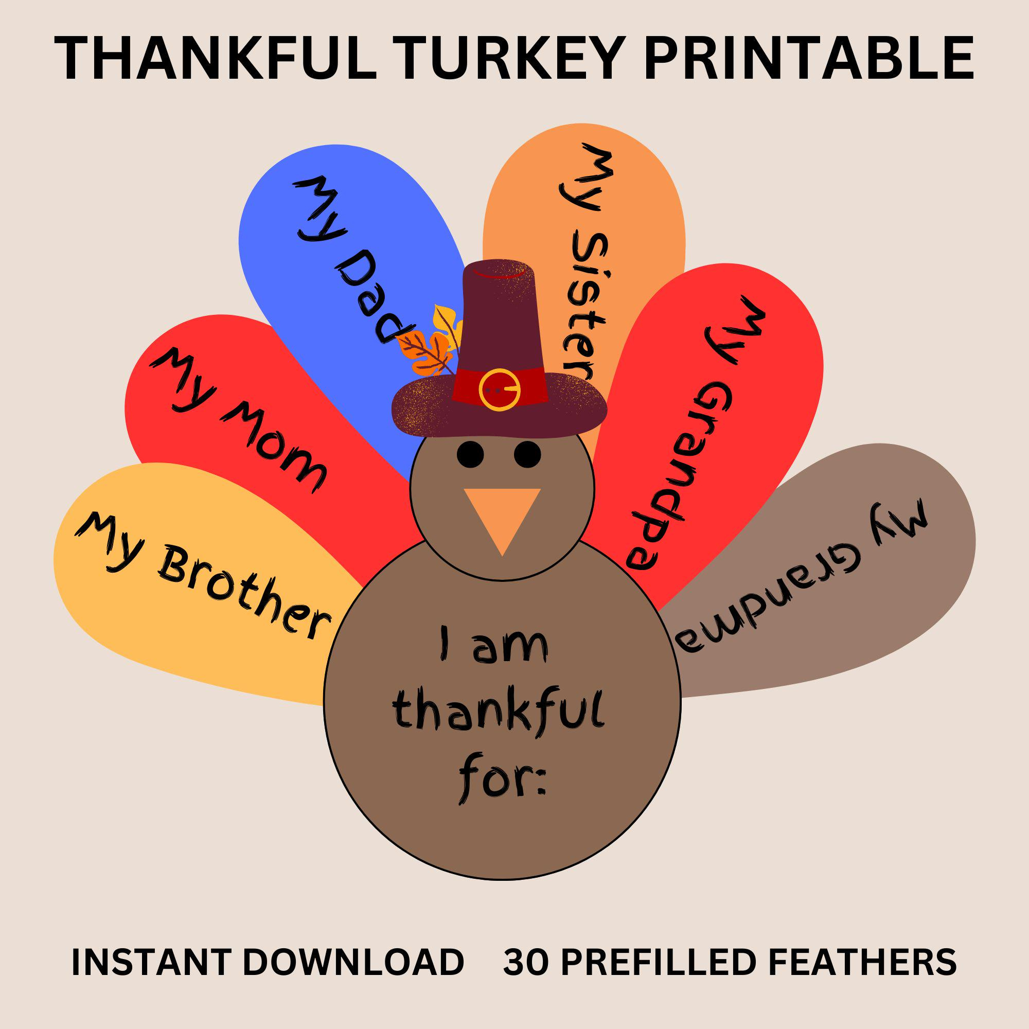 Thankful Turkey Craft: Thanksgiving Printable (Pdf) - Etsy Finland pertaining to Printable Thanksgiving Turkey Pictures