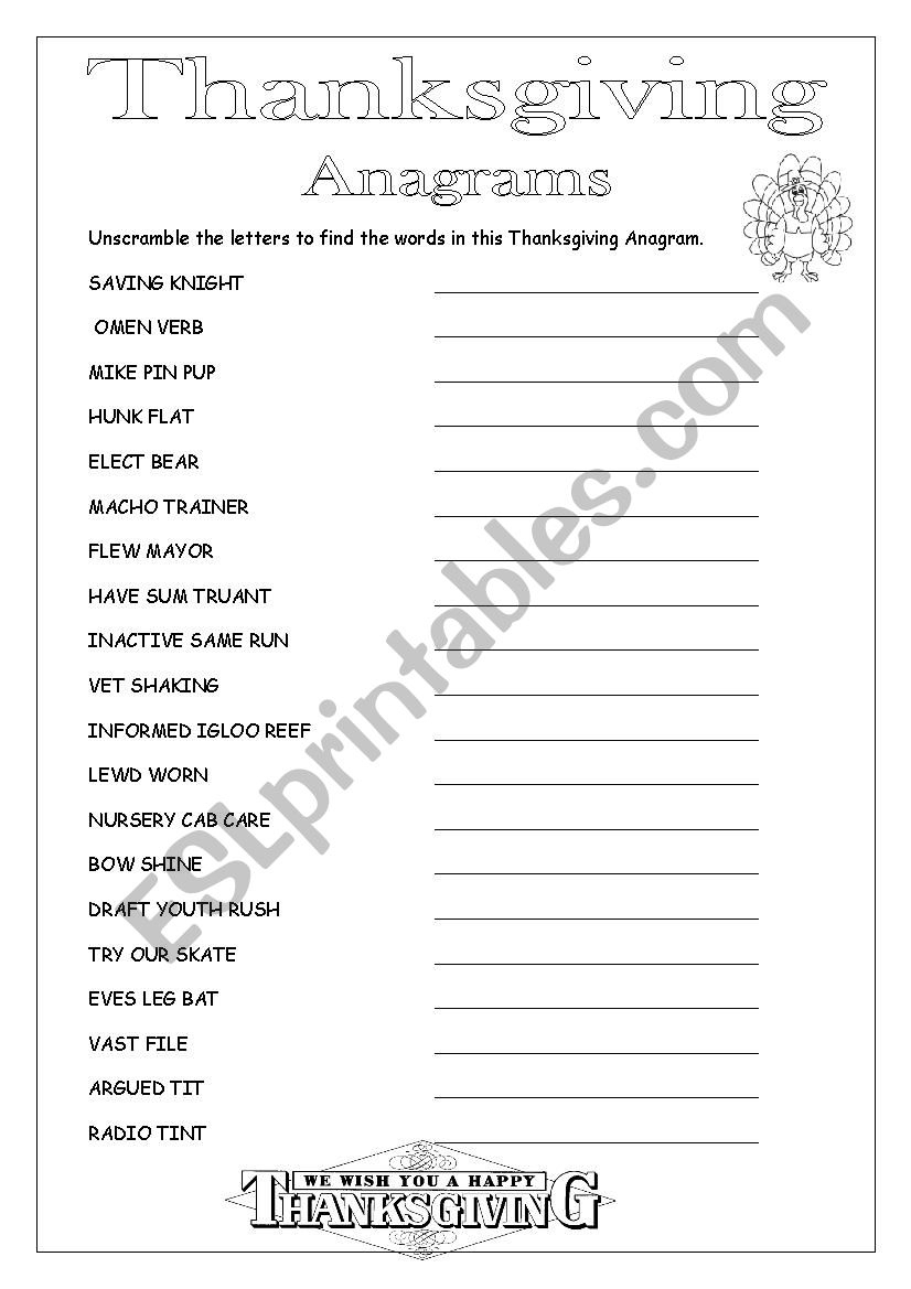 Thanksgiving Anagrams - Esl Worksheetloretta01 throughout Thanksgiving Anagrams Worksheet Answers