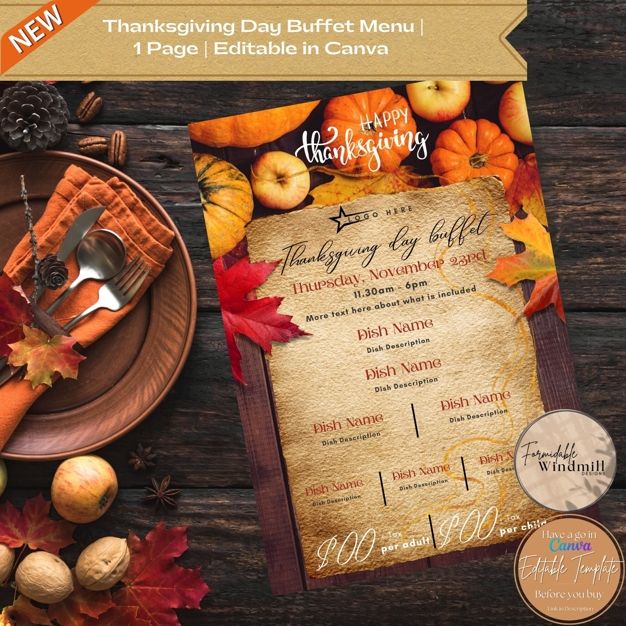Thanksgiving Buffet Menu Template: Pumpkin &amp;amp; Leaves Design (Canva inside Thanksgiving Brunch Menu Template