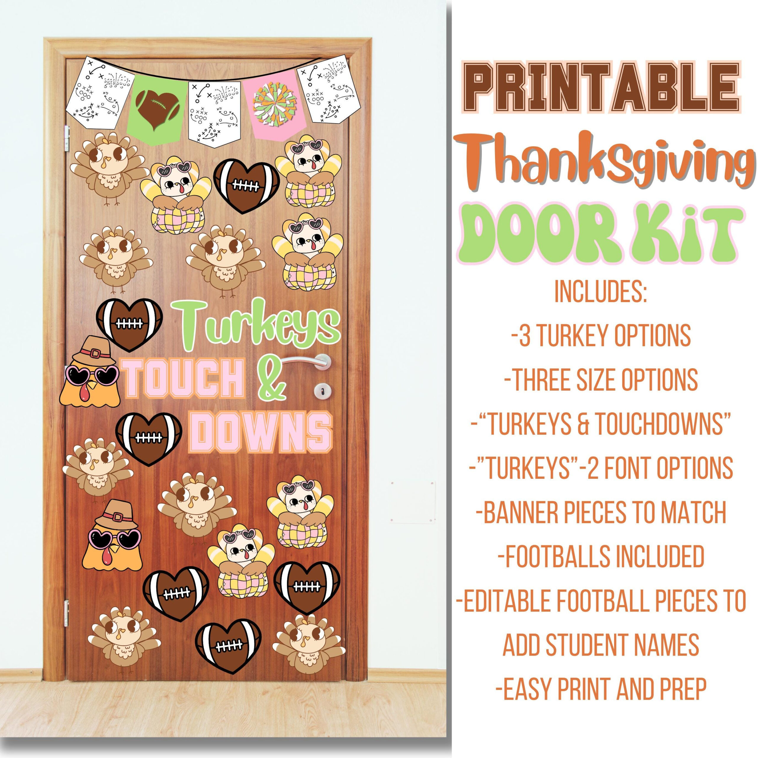 Thanksgiving Classroom Door Kit, Printable Thanksgiving Classroom Decor, Fall Classroom Door, Turkeys & Touchdowns Door intended for Thanksgiving Classroom Decorations Printable