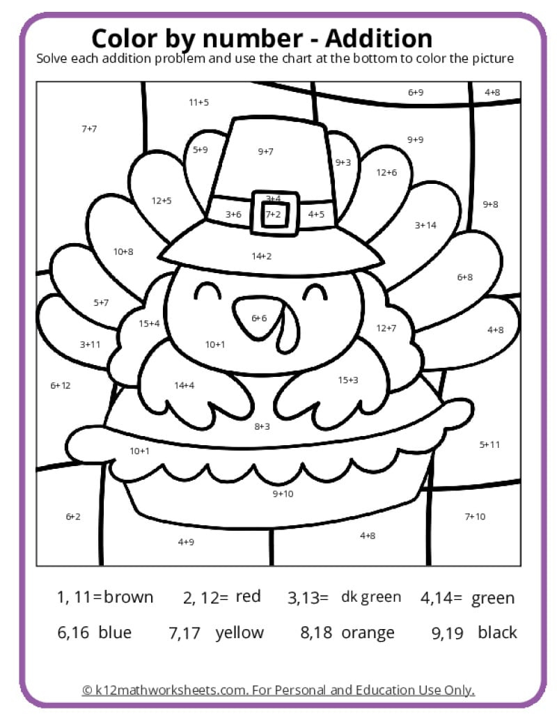 Thanksgiving Colornumber Pages - K12 Math Worksheets regarding Printable Turkey Color By Number