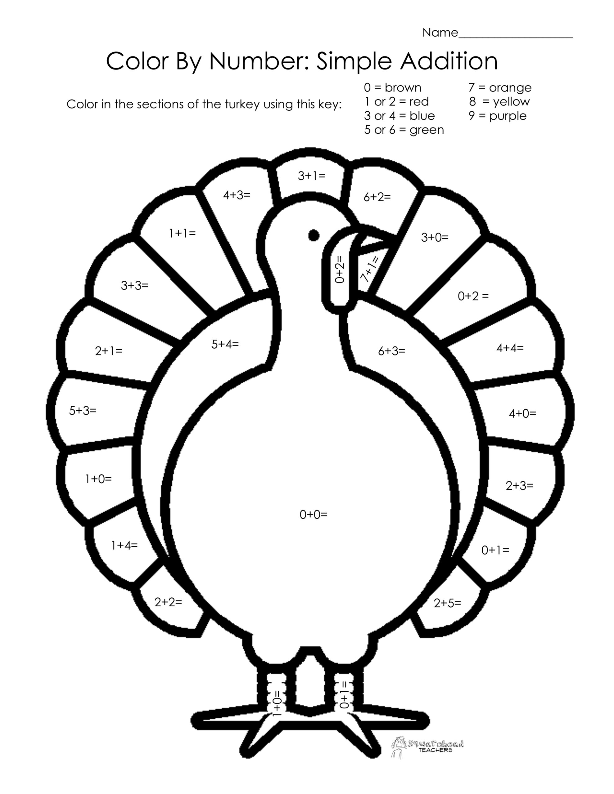 Thanksgiving Colornumber: Simple Addition | Squarehead Teachers in Free Printable Thanksgiving Math Coloring Worksheets