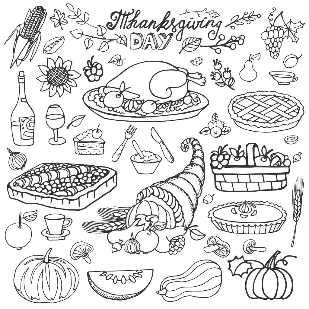 Thanksgiving-Cornucopia-And-Turkey-By-Tatiana-Kostysheva inside Thanksgiving Food Coloring Pages Printables