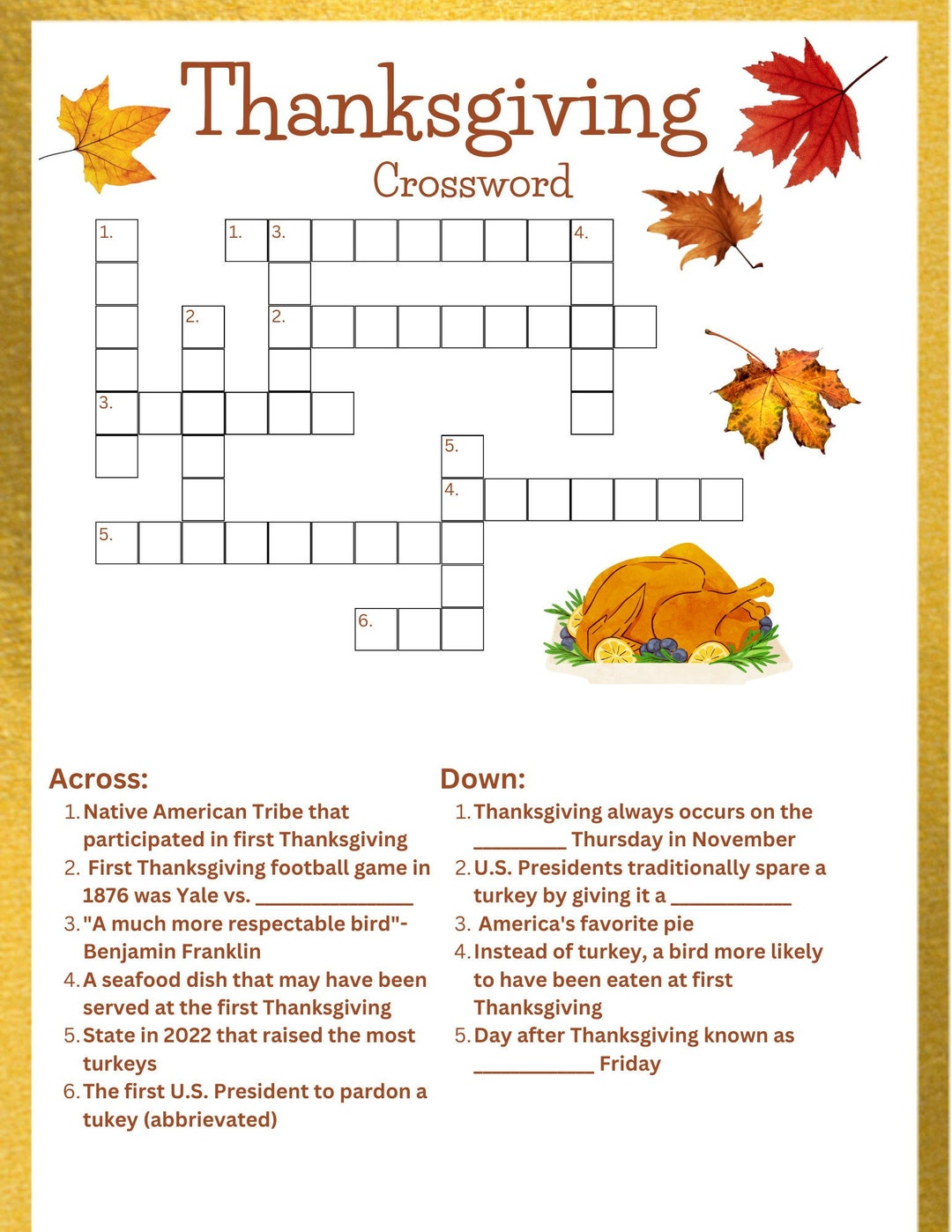 Thanksgiving Crossword - Etsy inside Thanksgiving Day Crossword Printables