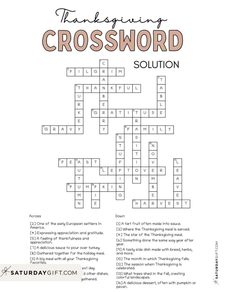Thanksgiving Crossword Puzzle - Cute &amp;amp; Free Printable | Saturdaygift inside Thanksgiving Crossword Puzzles For Adults Printable