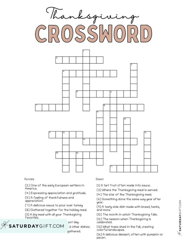 Thanksgiving Crossword Puzzle - Cute & Free Printable | Saturdaygift inside Thanksgiving Day Crossword Printables