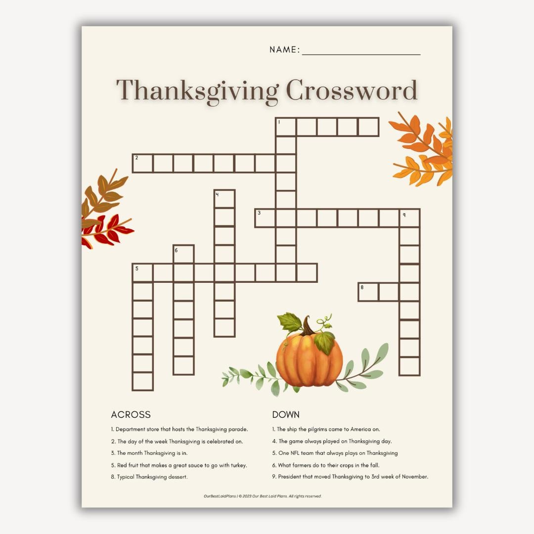Thanksgiving Crossword Puzzle, Thanksgiving Crossword Printable for Thanksgiving Day Crossword Printables