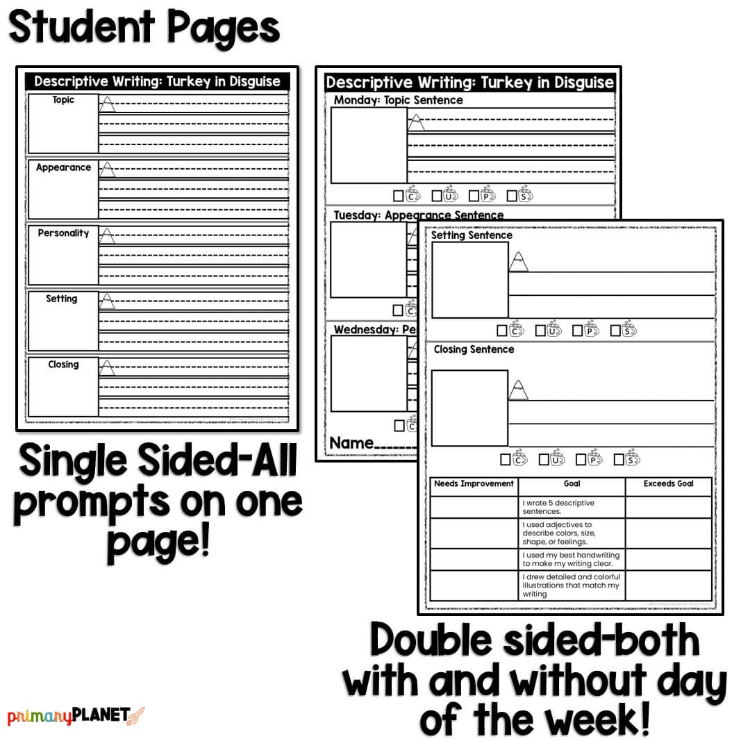 Thanksgiving Descriptive Writing Activity - Descriptive Sentences with Turkey In Disguise Descriptive Writing