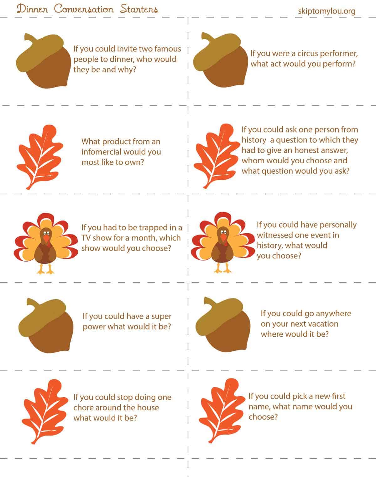 Thanksgiving Dinner Conversation Starters {Printable} | Skip To My Lou within Free Thanksgiving Conversation Starters Printable