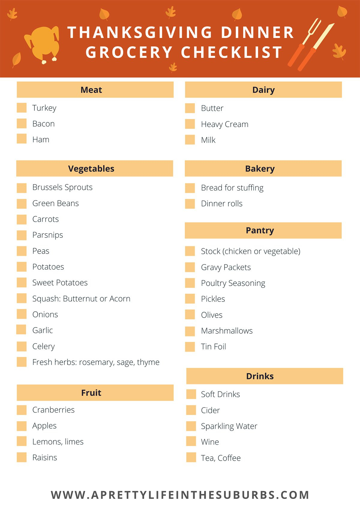 Thanksgiving Dinner Grocery Checklist - A Pretty Life In The Suburbs pertaining to Printable Thanksgiving Grocery Shopping List