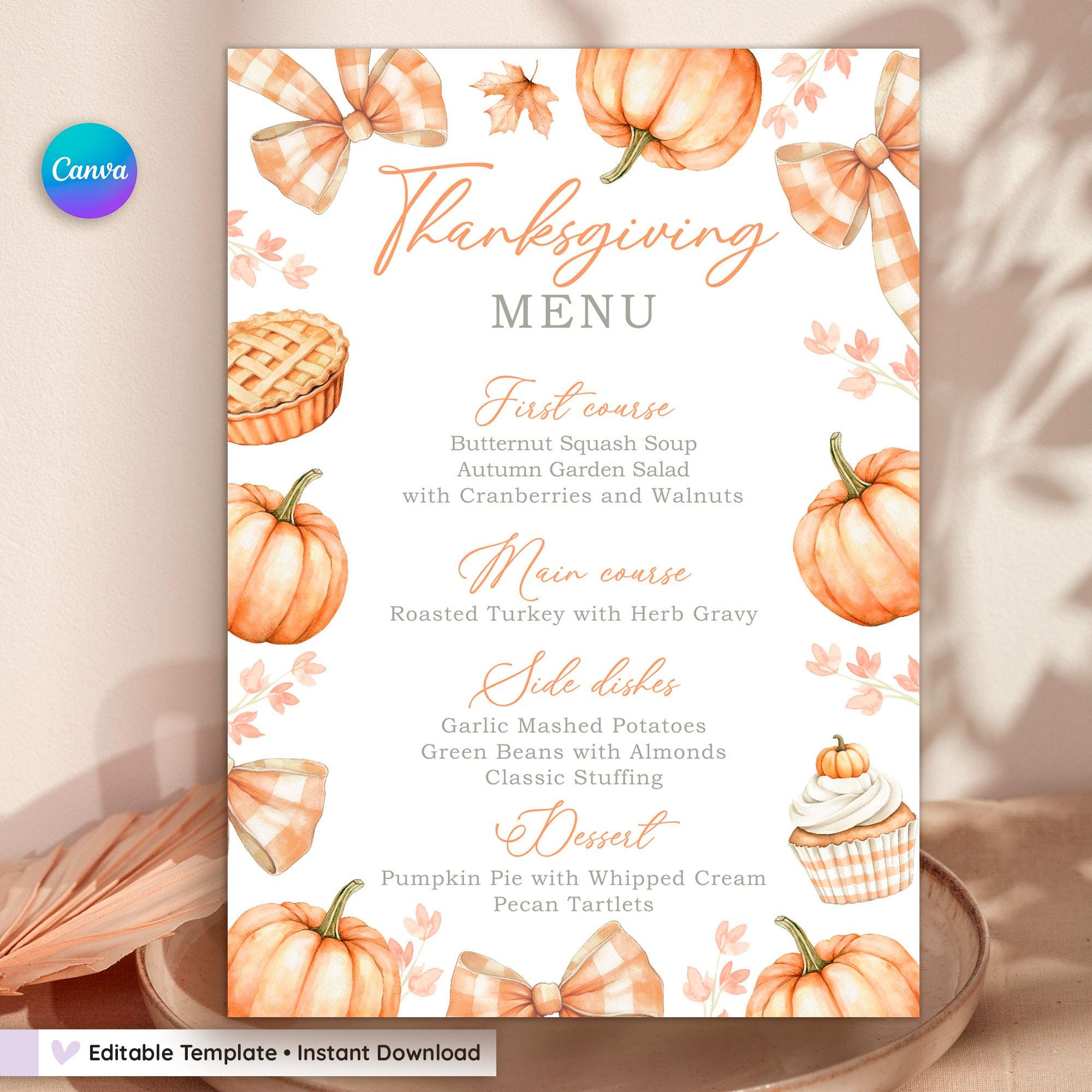 Thanksgiving Dinner Menu Template: Editable Fall Design (Digital in Pumpkin Thanksgiving Menu Template
