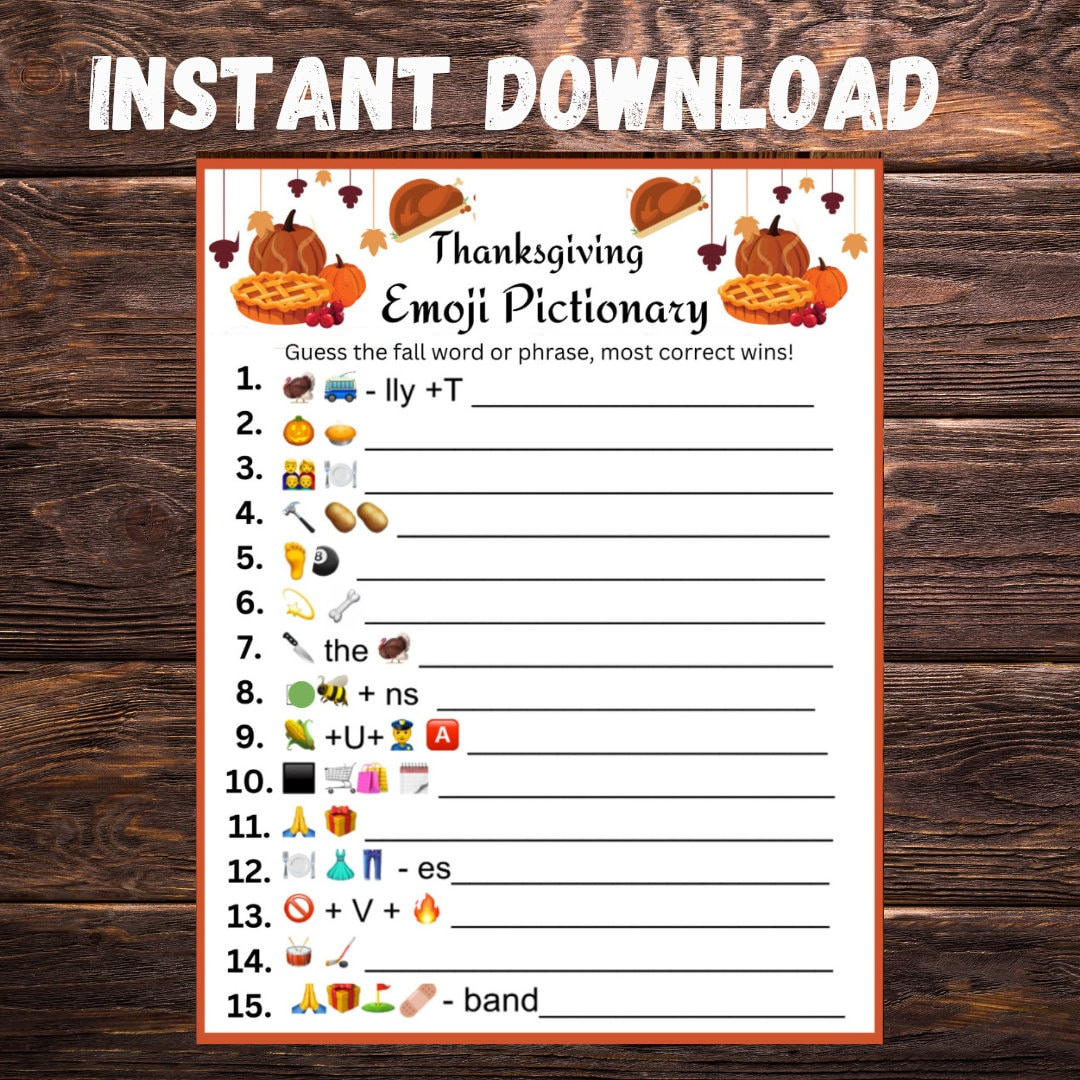 Thanksgiving Emoji Pictionary Game: Printable Fall Party (Digital with Thanksgiving Emoji Game Printable