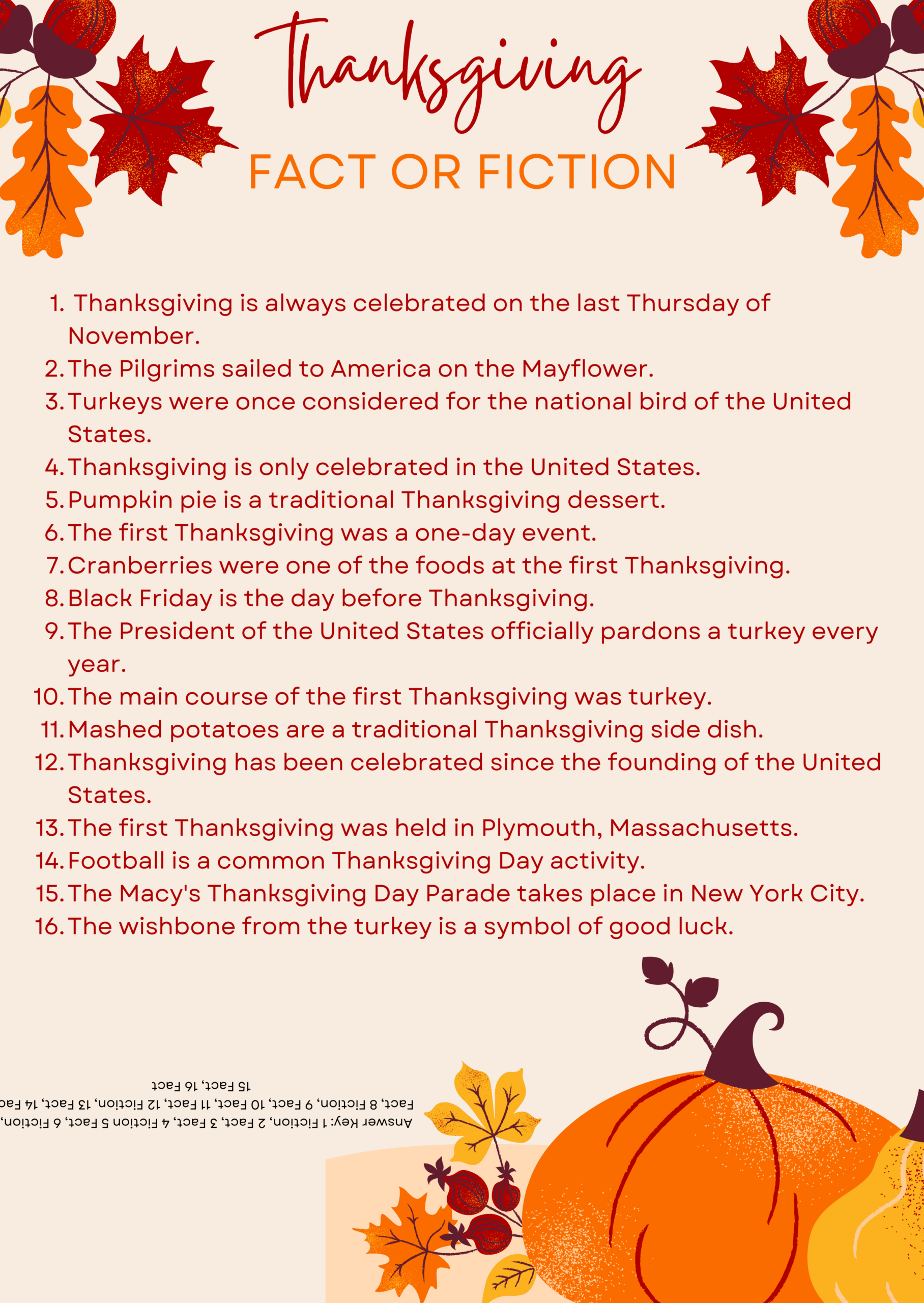 Thanksgiving Fact Or Fiction Questions For Kids - Free Printable within Thanksgiving Facts For Kids Printable