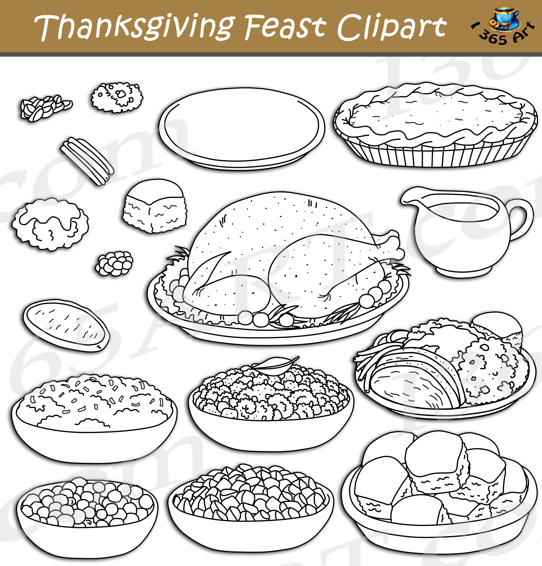 Thanksgiving Feast Clipart Graphic Set - Clipart 4 School within Printable Thanksgiving Clip Art Black And White